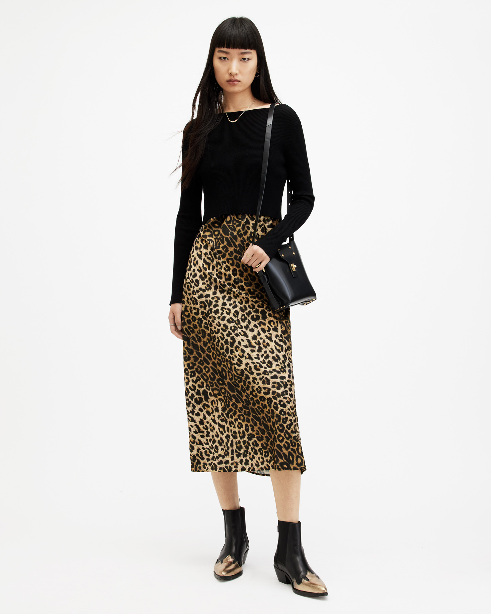 Hera Leopard Print 2-In-1 Midi Dress Black | ALLSAINTS