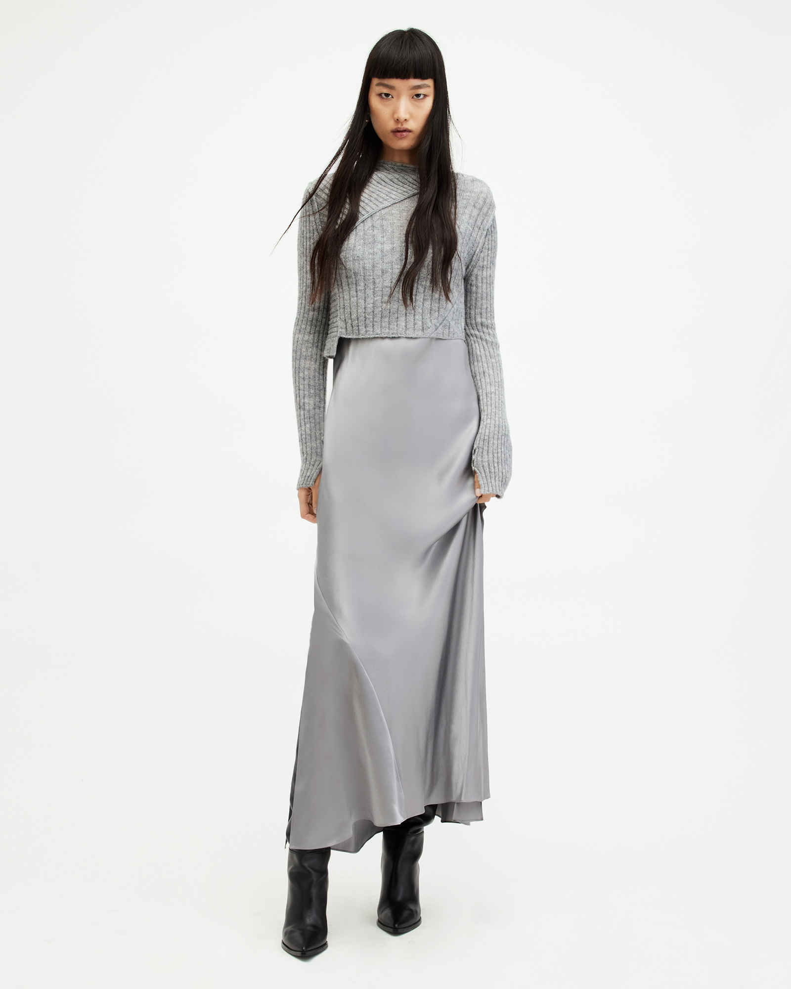 AllSaints Amos 2-In-1 Satin Maxi Dress,, Grey Marl