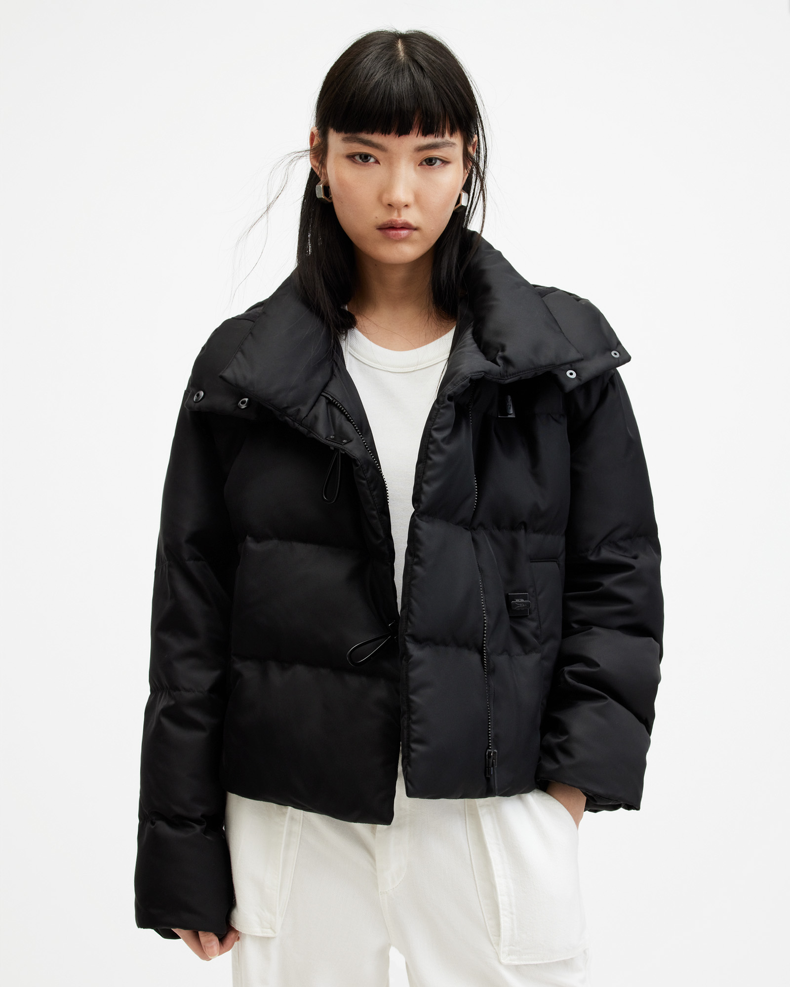 AllSaints Allais High Collar Quilted Puffer Jacket,, Black, Size: