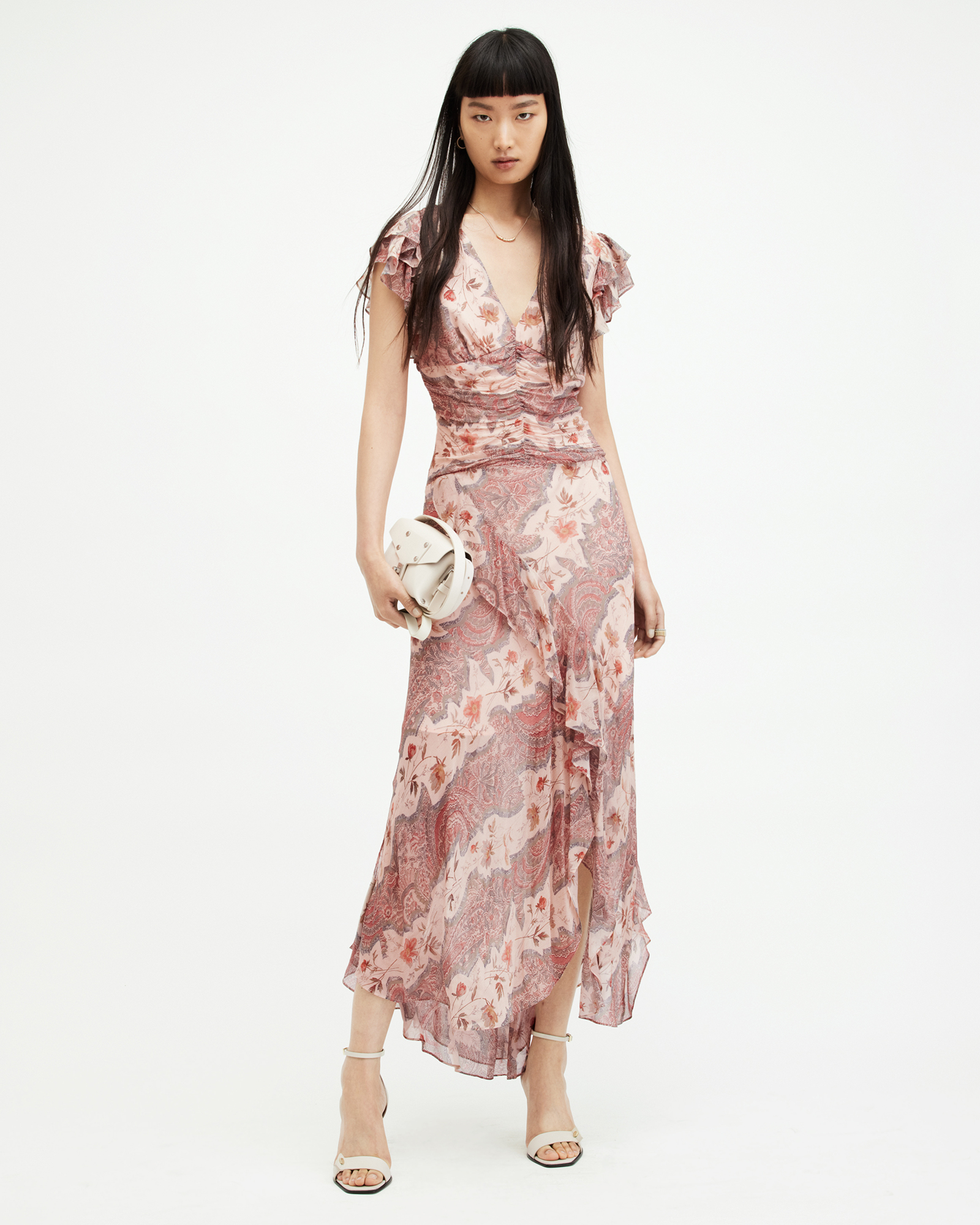 AllSaints Brea Floral Print Cascade Maxi Dress,, CLAY PINK