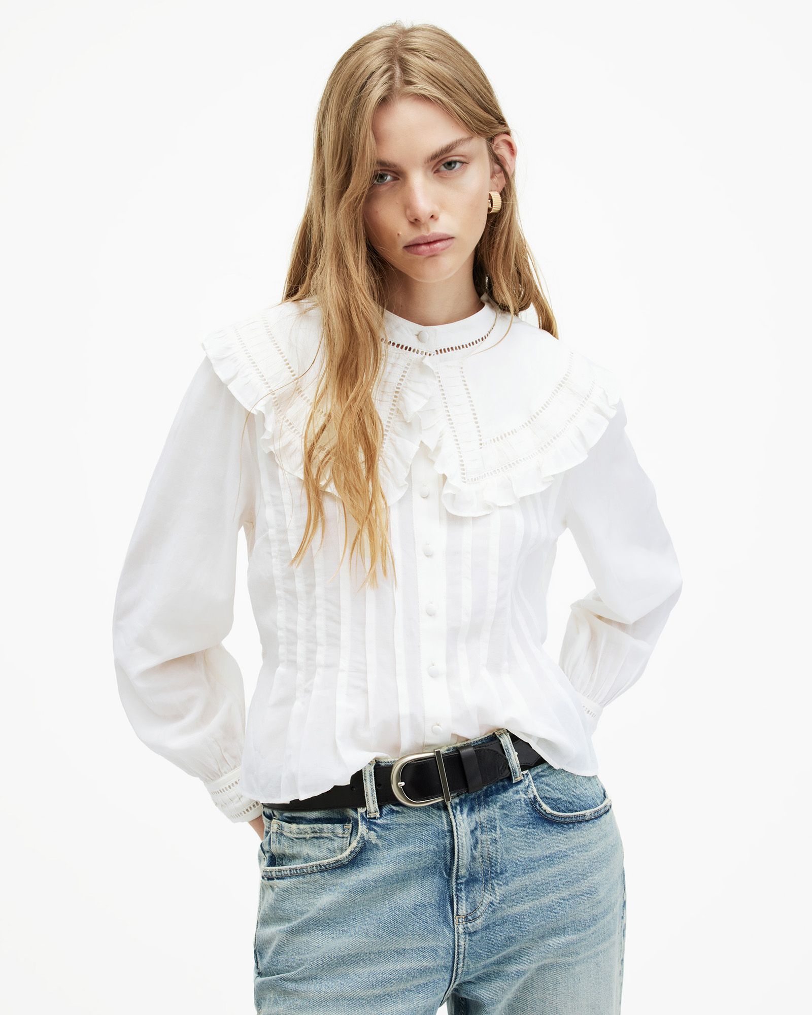 AllSaints Olea Removable Collar Pintucked Shirt,, White