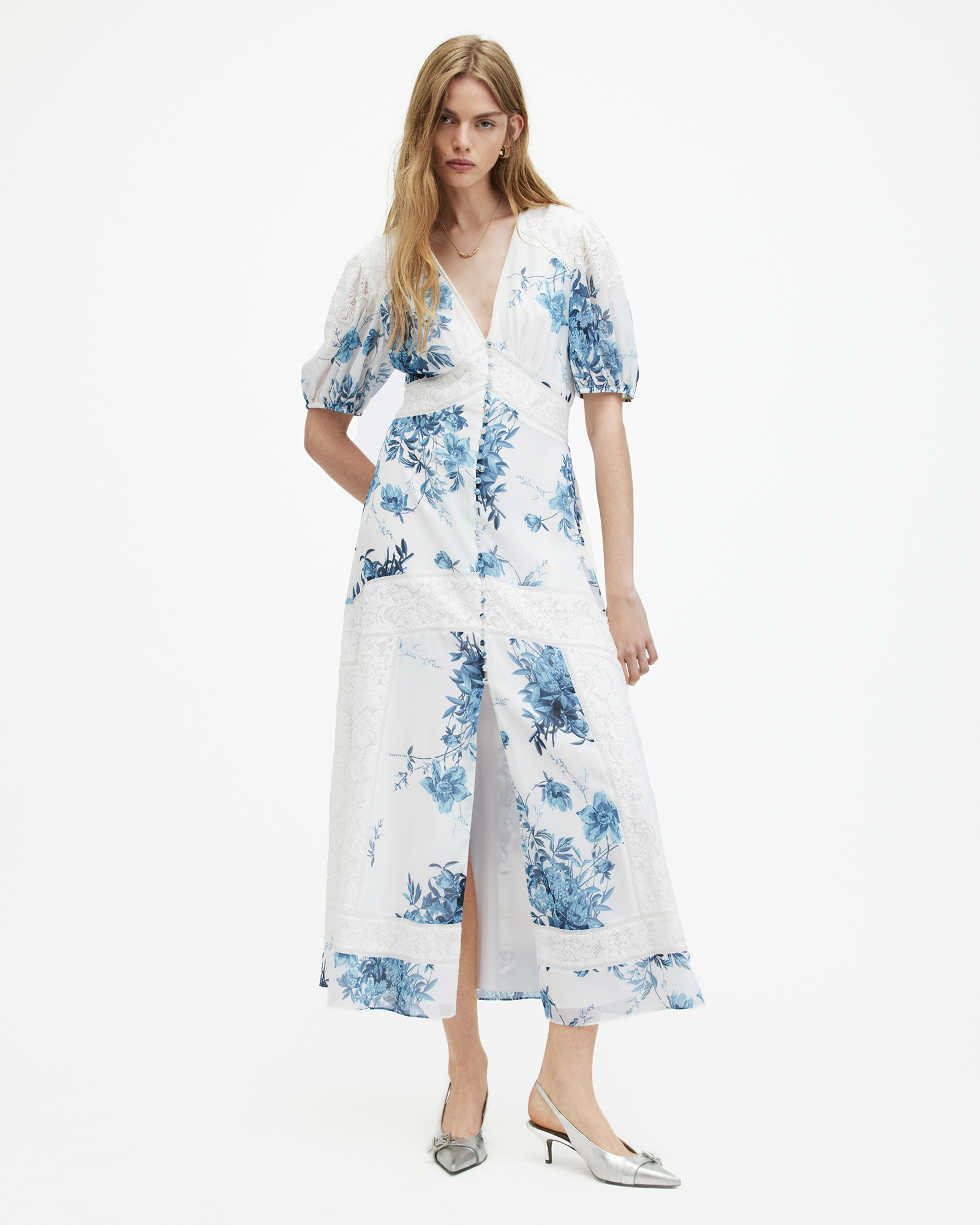 AllSaints Dinah Lace Dekorah Floral Maxi Dress,, Denim Blue