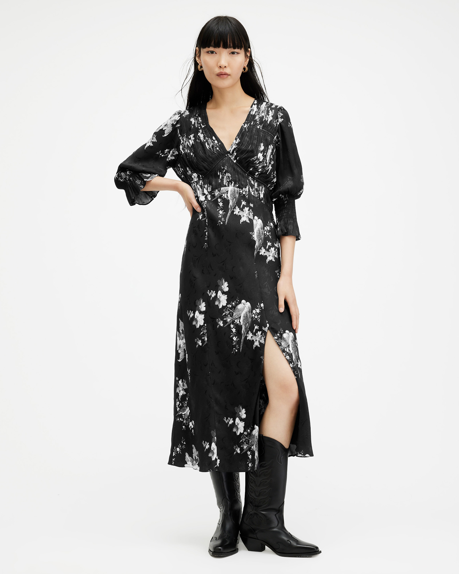 AllSaints Ani Iona Jacquard V-Neck Midi Dress,, Black, Size: UK