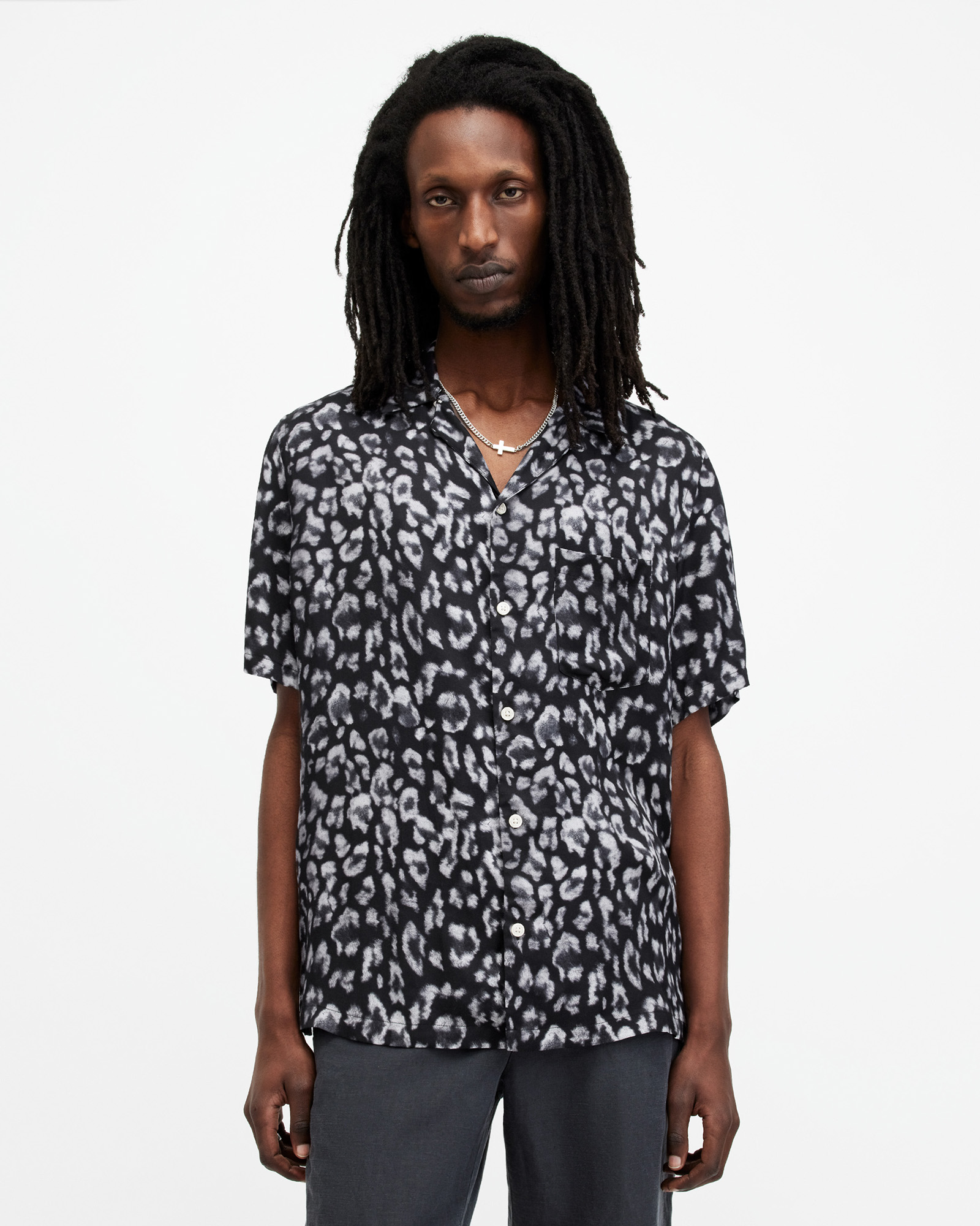 AllSaints Leopaz Leopard Print Relaxed Fit Shirt,, Jet Black