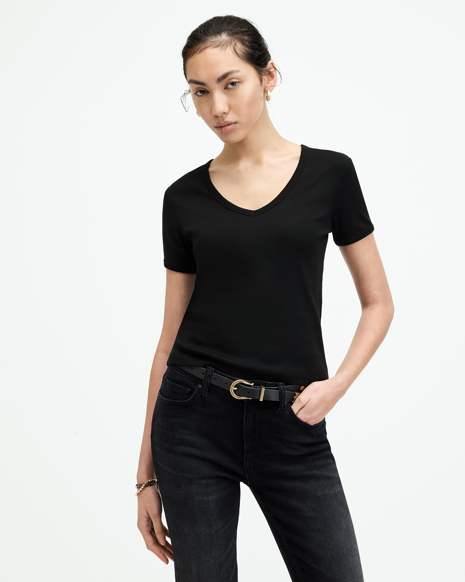 AllSaints Evie V-Neck Short Sleeve T-Shirt,, Black