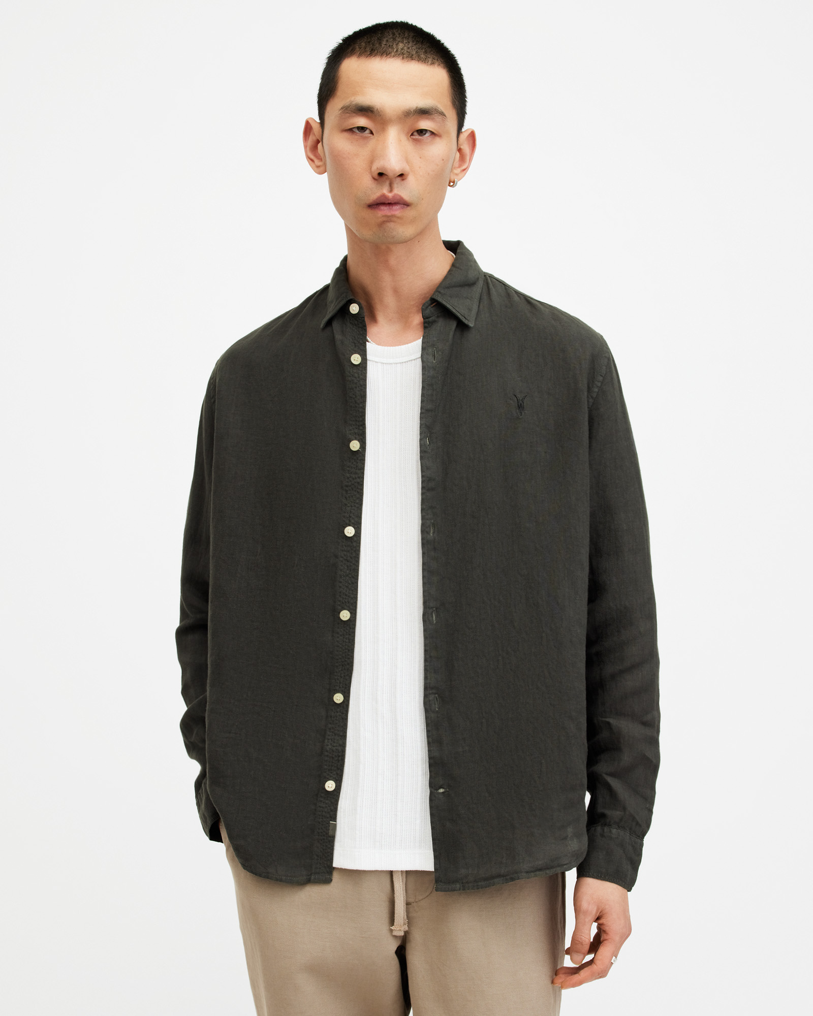 AllSaints Cypress Long Sleeve Linen Relaxed Shirt,, Washed Black