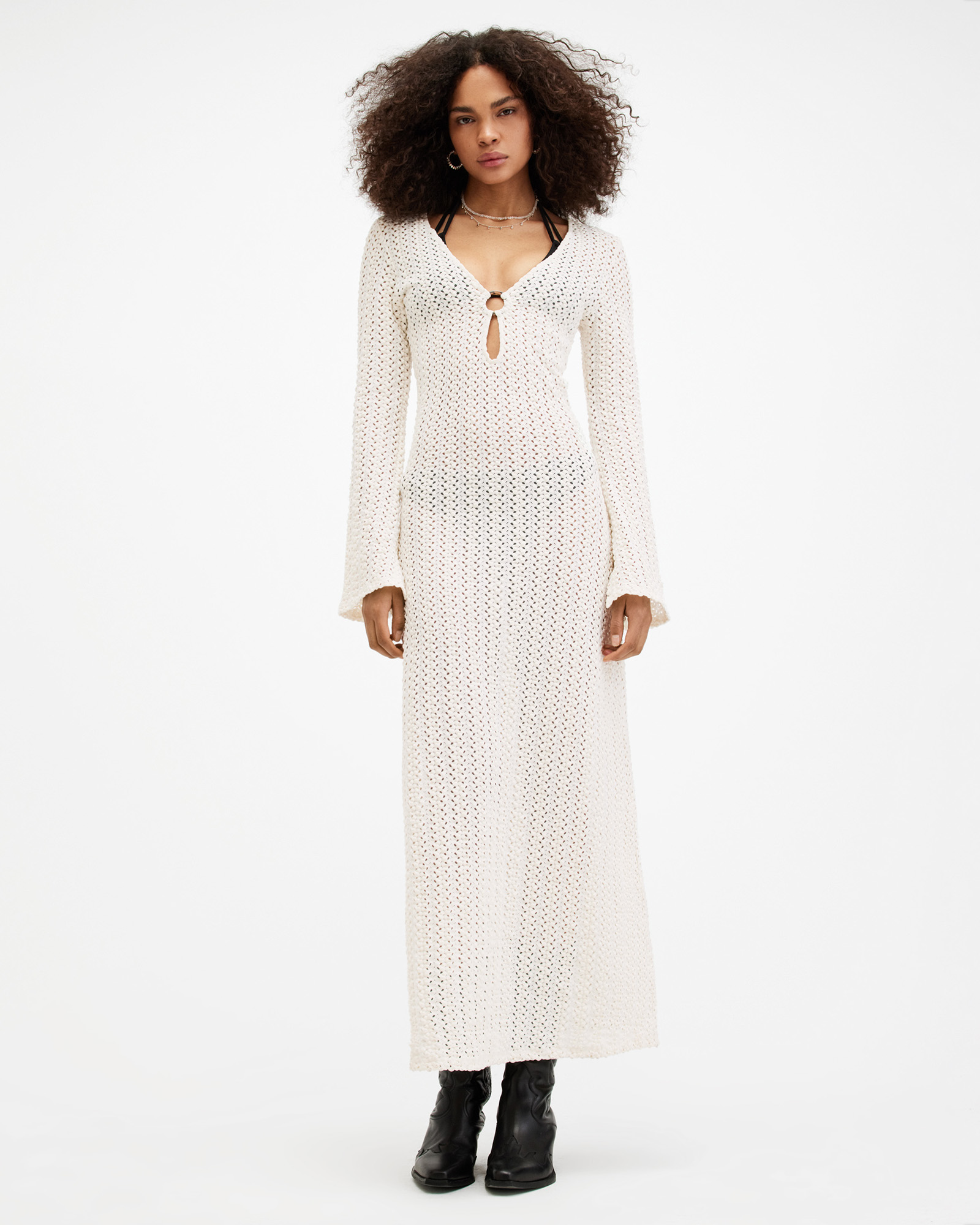 AllSaints Karma Crochet Slim Fit Maxi Dress,, Chalk White, Size: UK