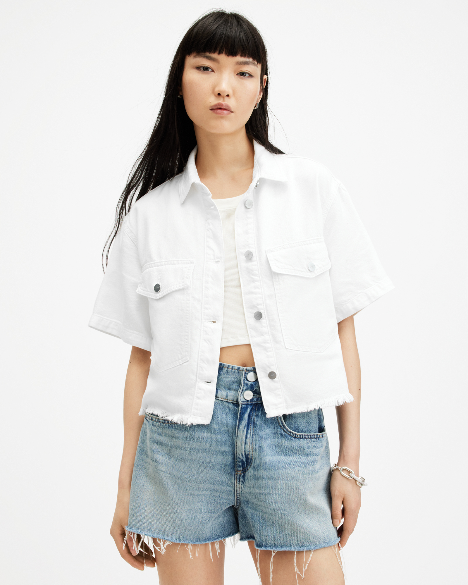 Shop Allsaints Tove Cropped Oversized Denim Shirt In Off White