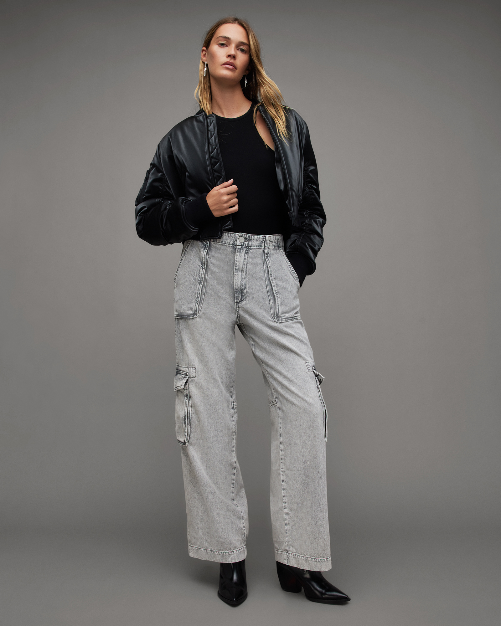 Frieda Straight Denim Cargo Trousers Washed Grey | ALLSAINTS