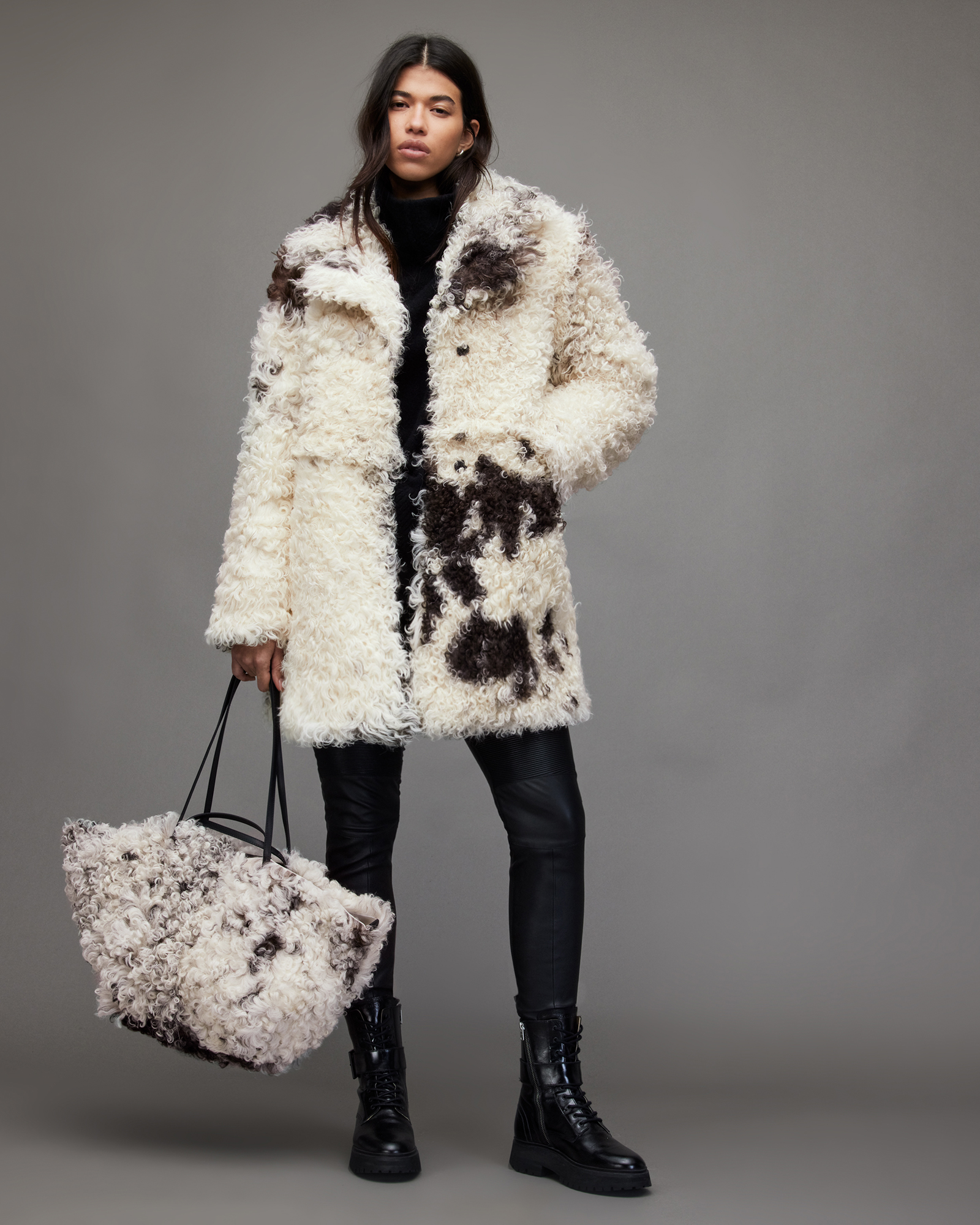 Nessa Shearling Coat Black/White | ALLSAINTS