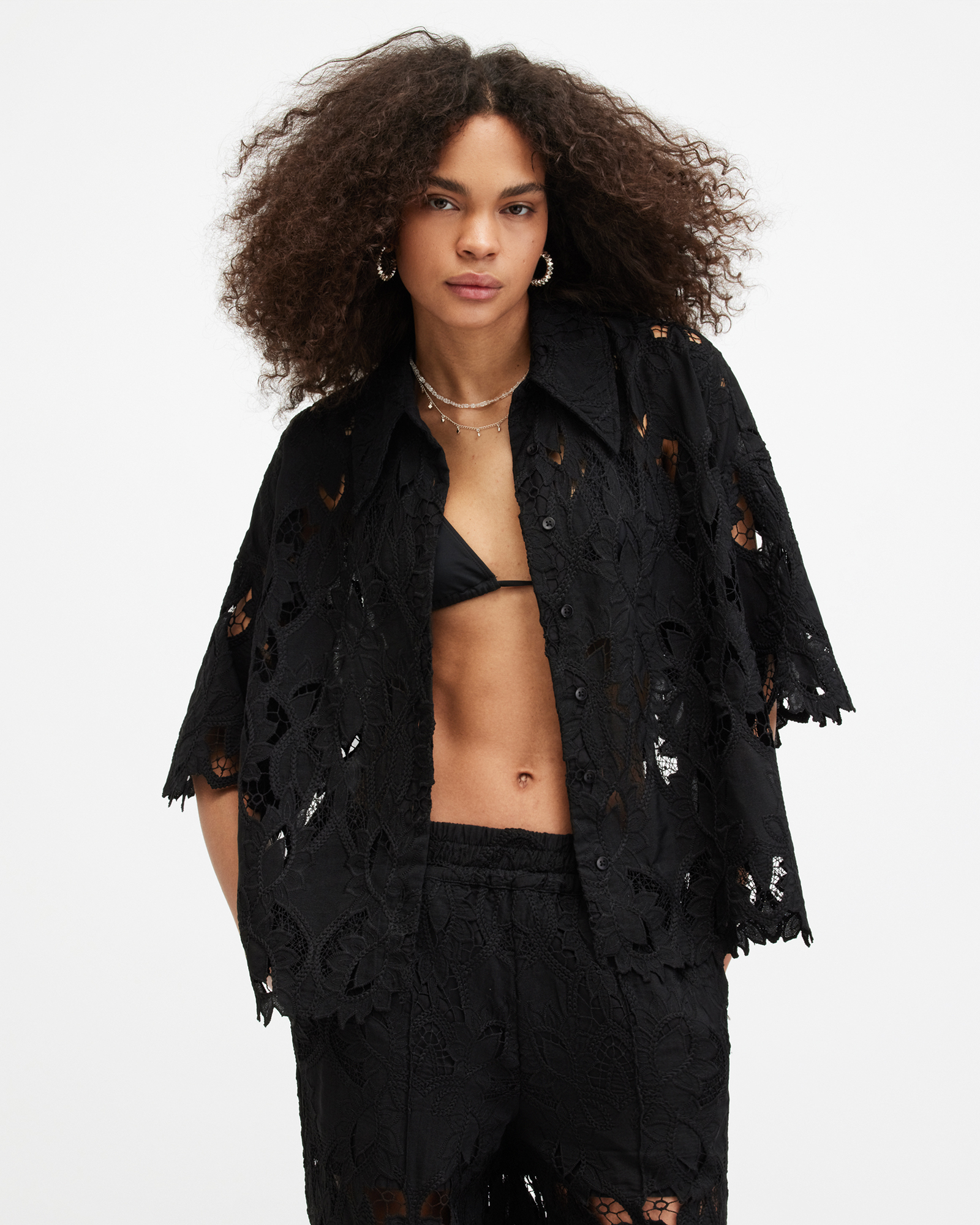 AllSaints Charli Relaxed Fit Embroidered Shirt,, Black