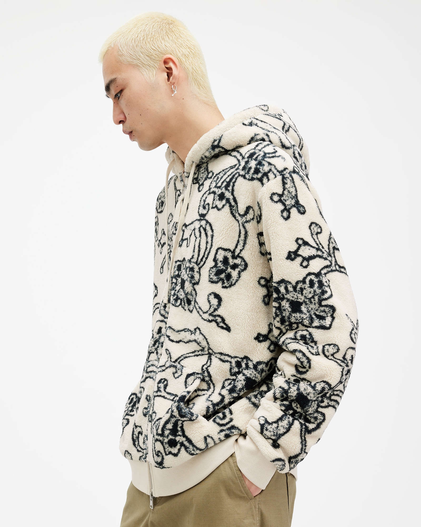 AllSaints Tuscon Zip Up Printed Hoodie,, LACE WHITE