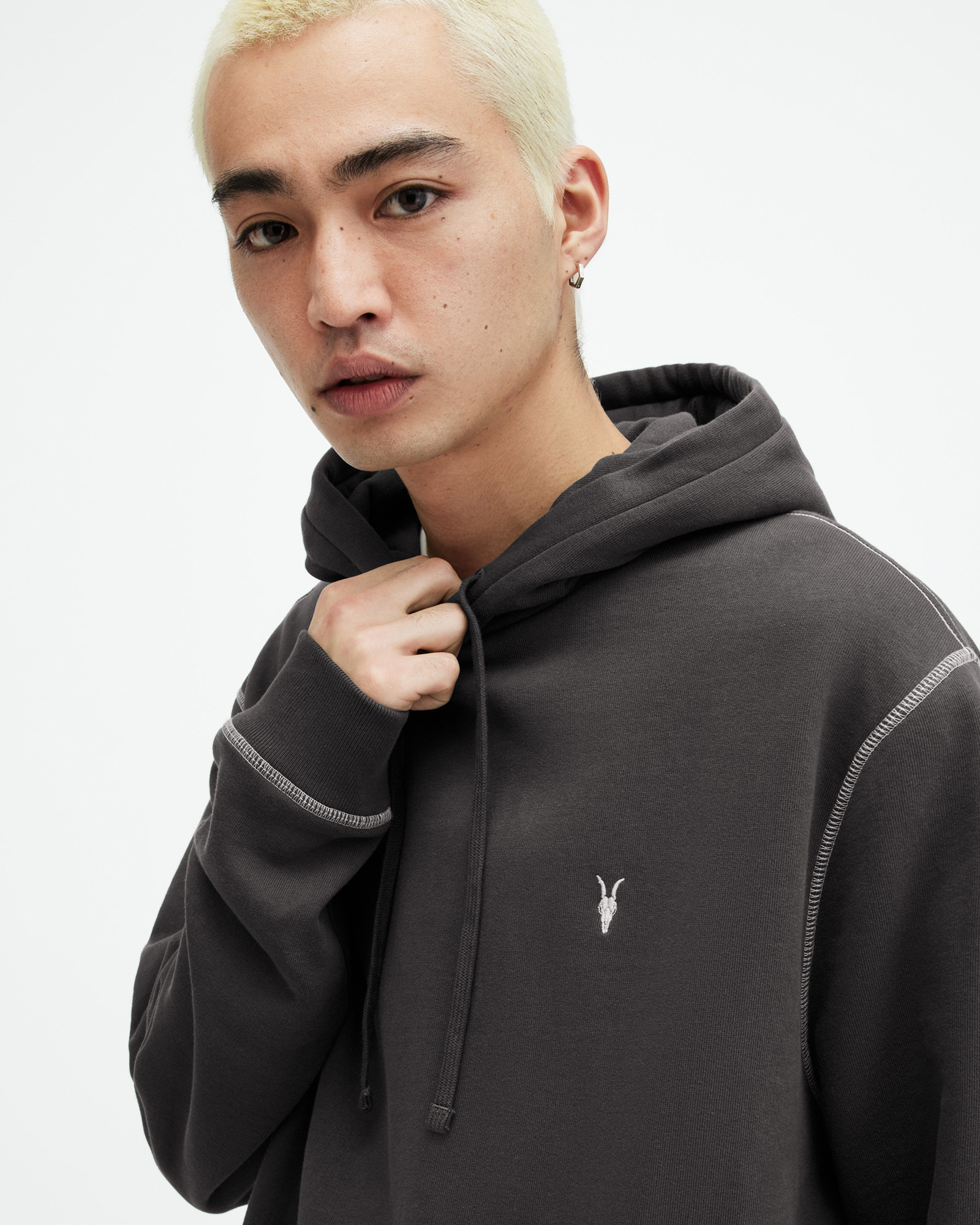 Allsaints Amir Pullover Contrast Stitch Hoodie In Shaded Grey