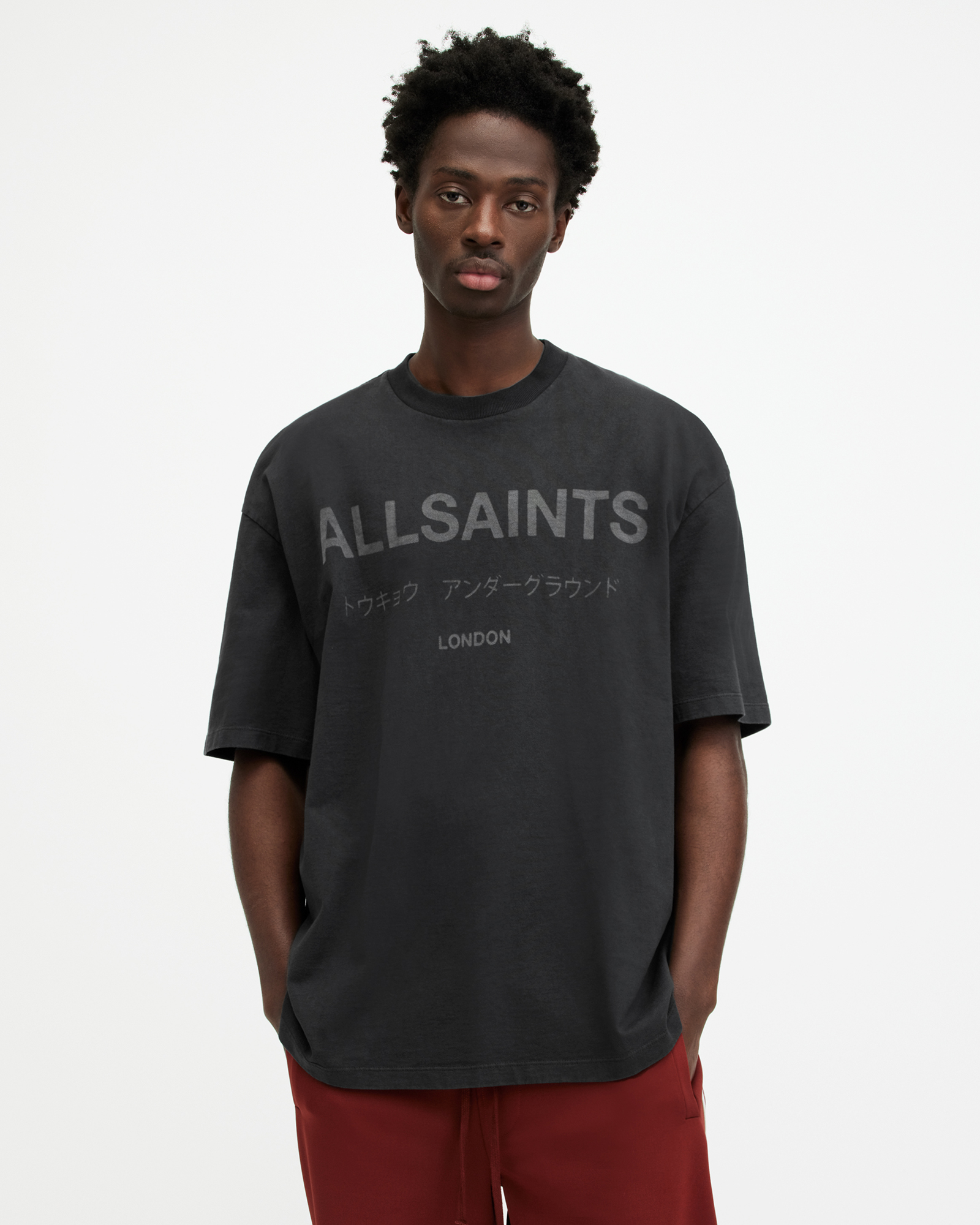 Allsaints Laser Logo Crew Neck Oversized T-shirt In Washed Black