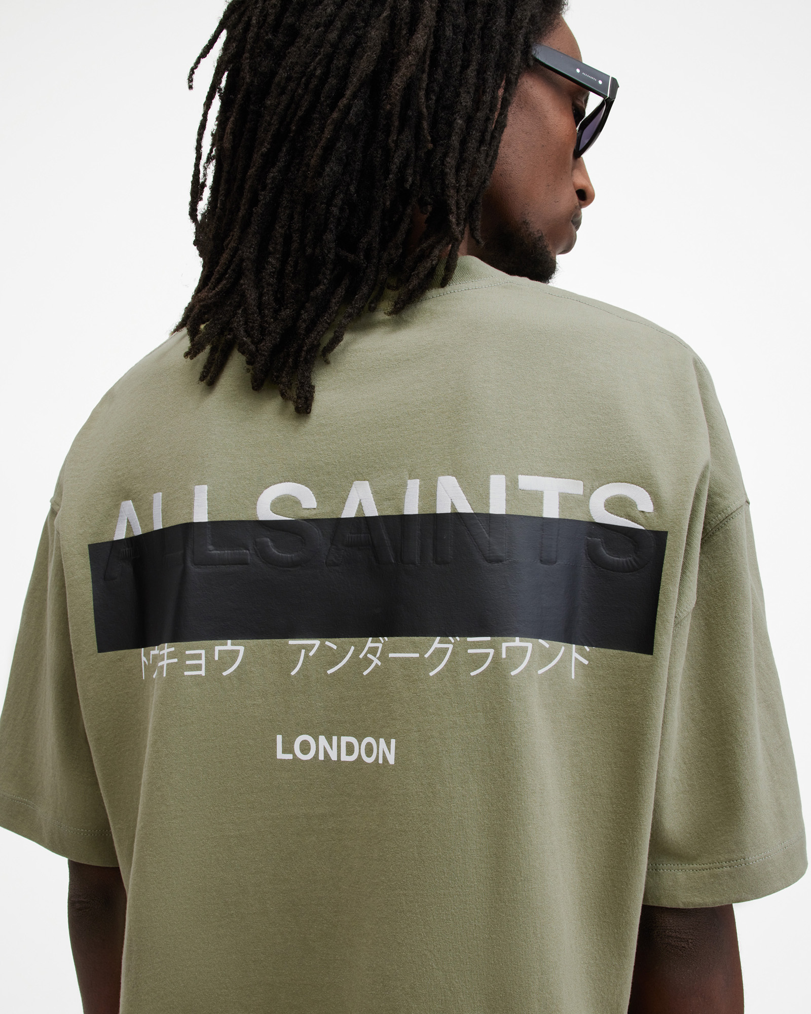 AllSaints Redact Oversized Embroidered Logo T-Shirt,, EDEN GREEN