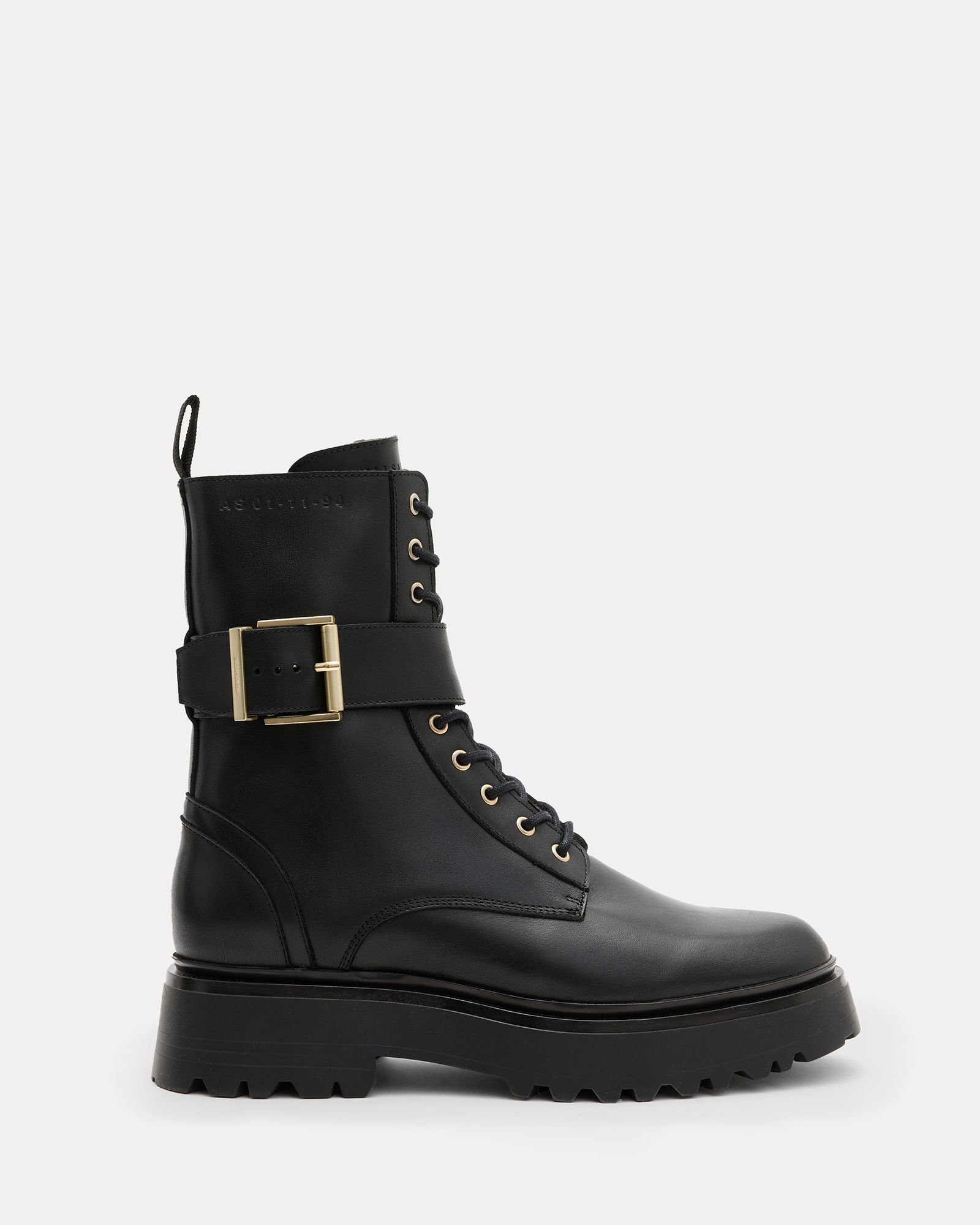 Shop Allsaints Onyx Leather Buckle Boots, In Black/warm Brass