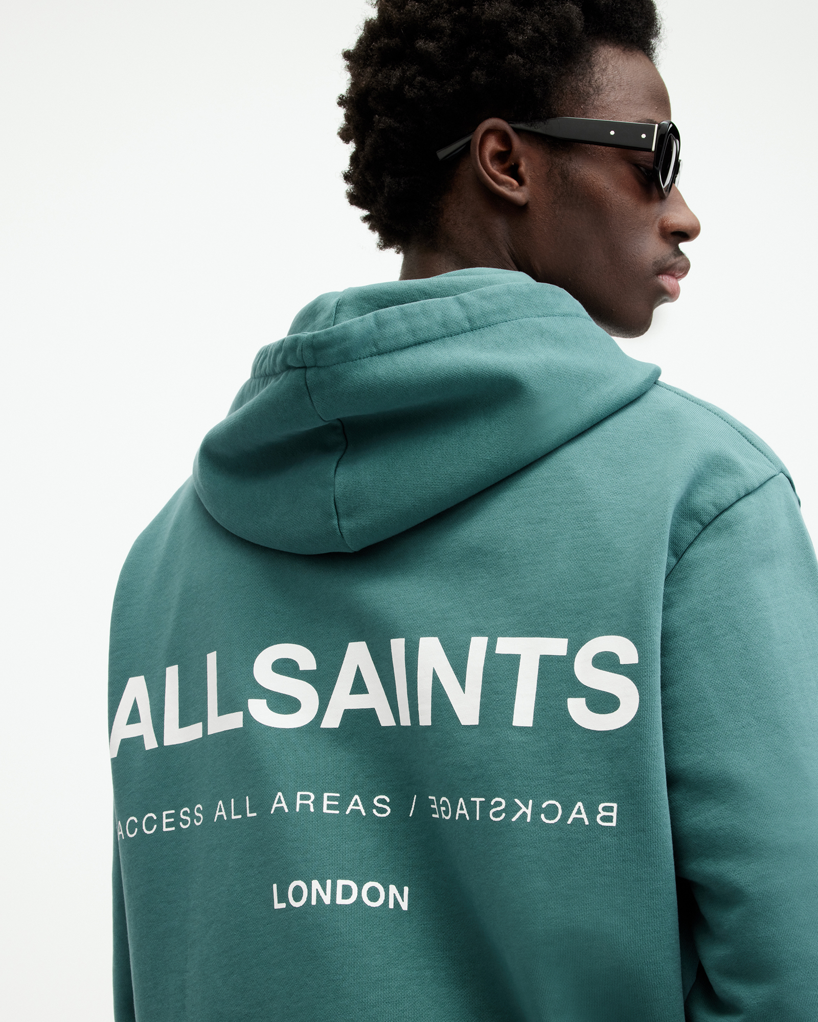 Shop Allsaints Access Relaxed Fit Logo Hoodie, In Aquara Blue