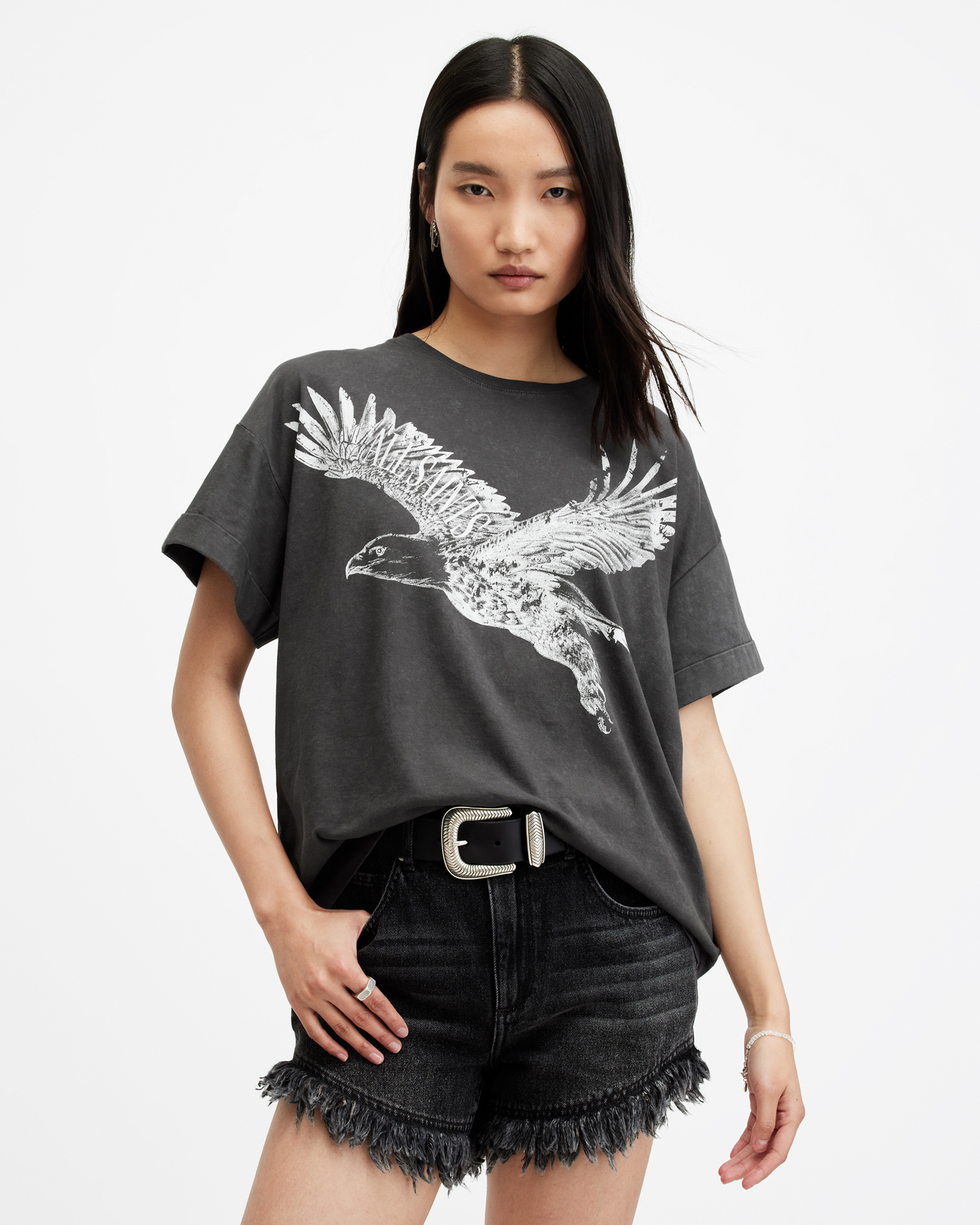 AllSaints Flite Briar Eagle Logo Acid Wash T-Shirt,, Acid Washed Black
