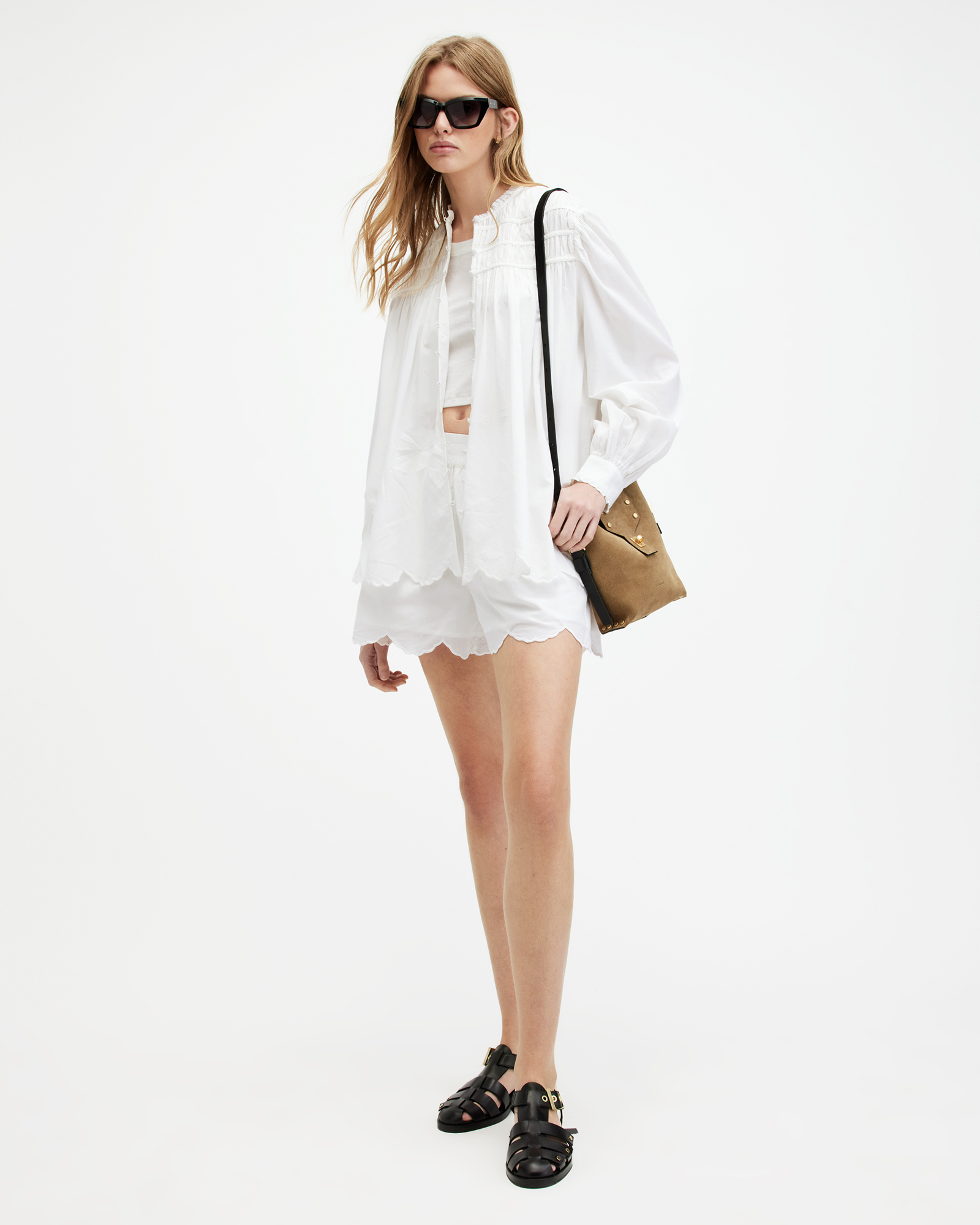 AllSaints Etti Relaxed Fit Scallop Edge Shorts,, Off White
