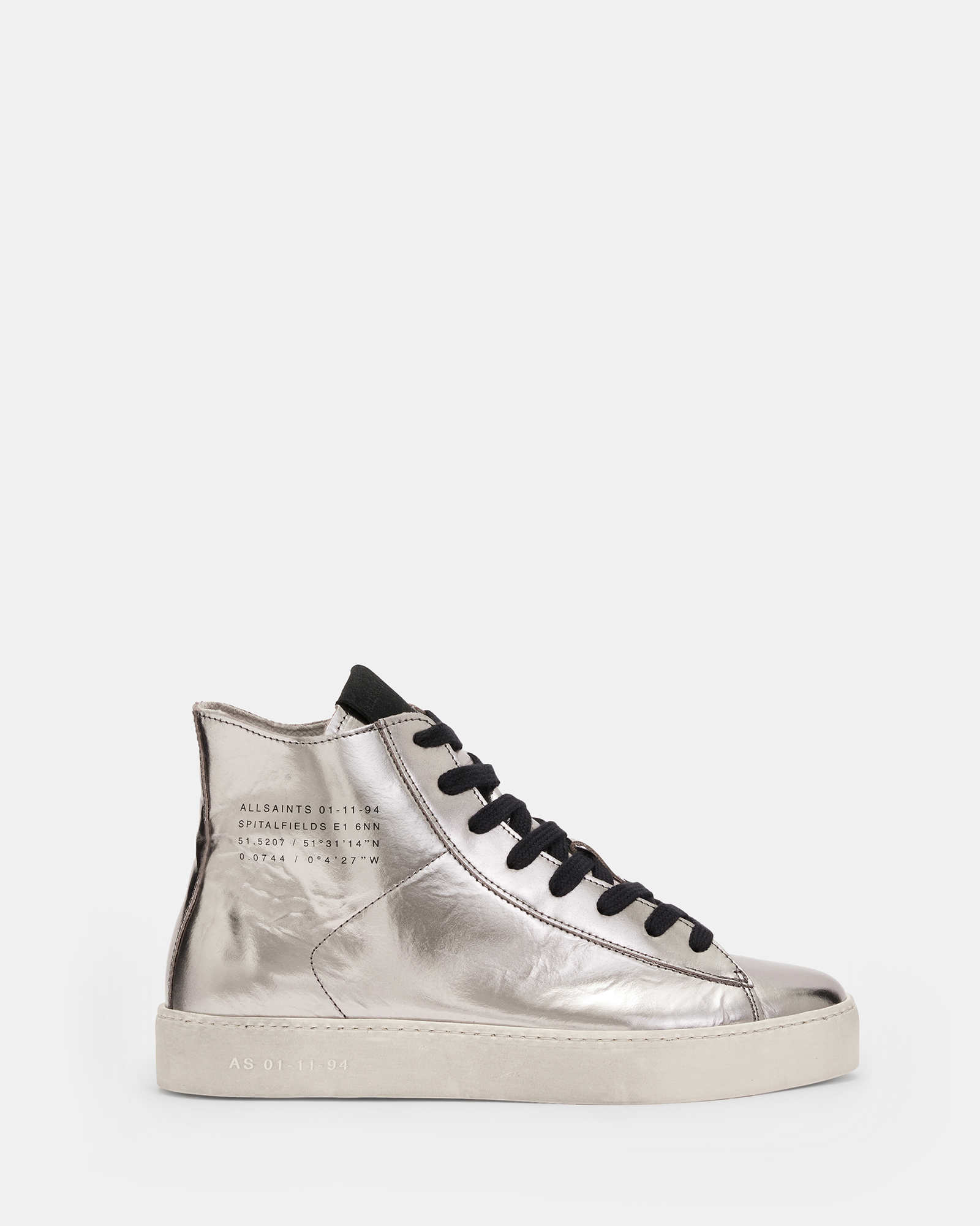 Tana Metallic Leather High Top Trainers Silver | ALLSAINTS Canada