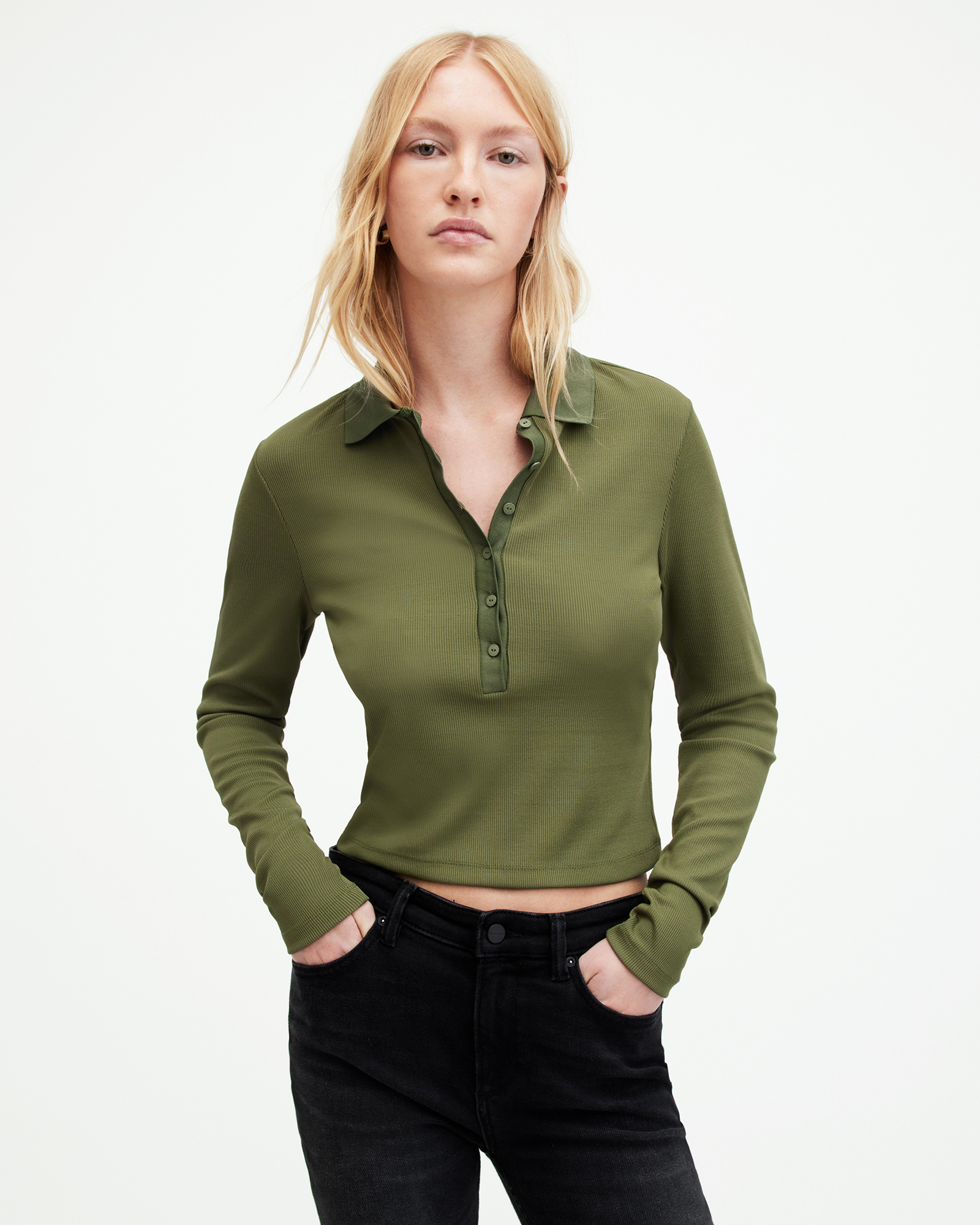 AllSaints Hallie Long Sleeve Ribbed Polo Shirt,, GRASS GREEN