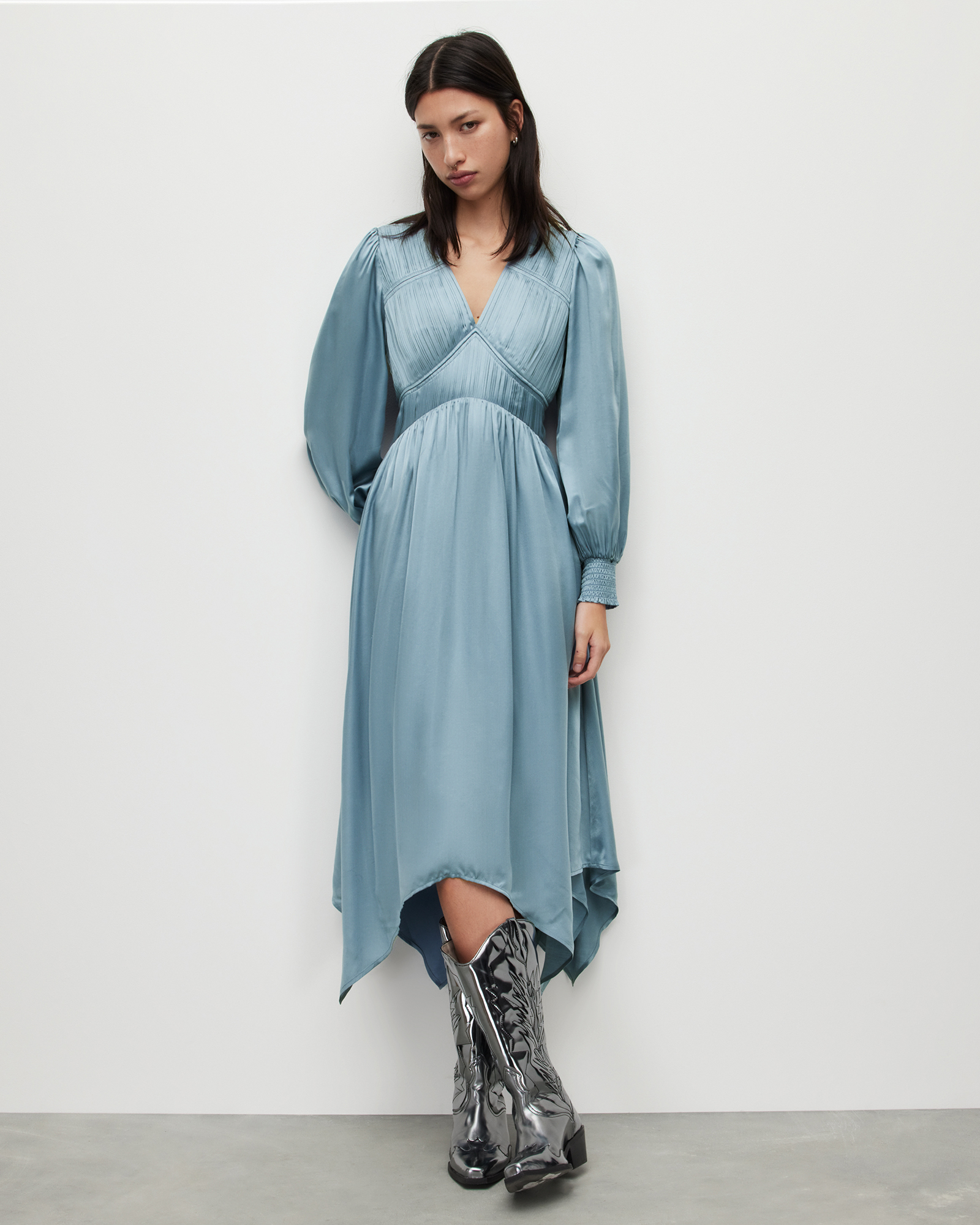 Estelle Silk Blend Asymmetric Midi Dress BLUE SLATE | ALLSAINTS
