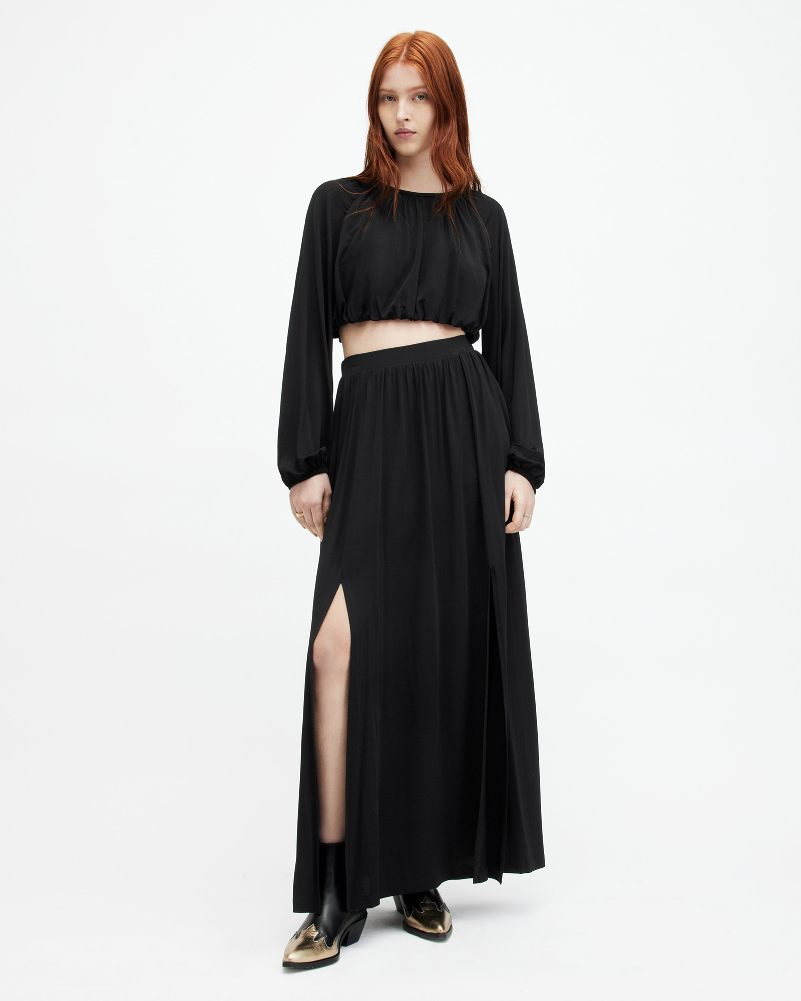 AllSaints Casandra Draped Maxi Skirt,, Black