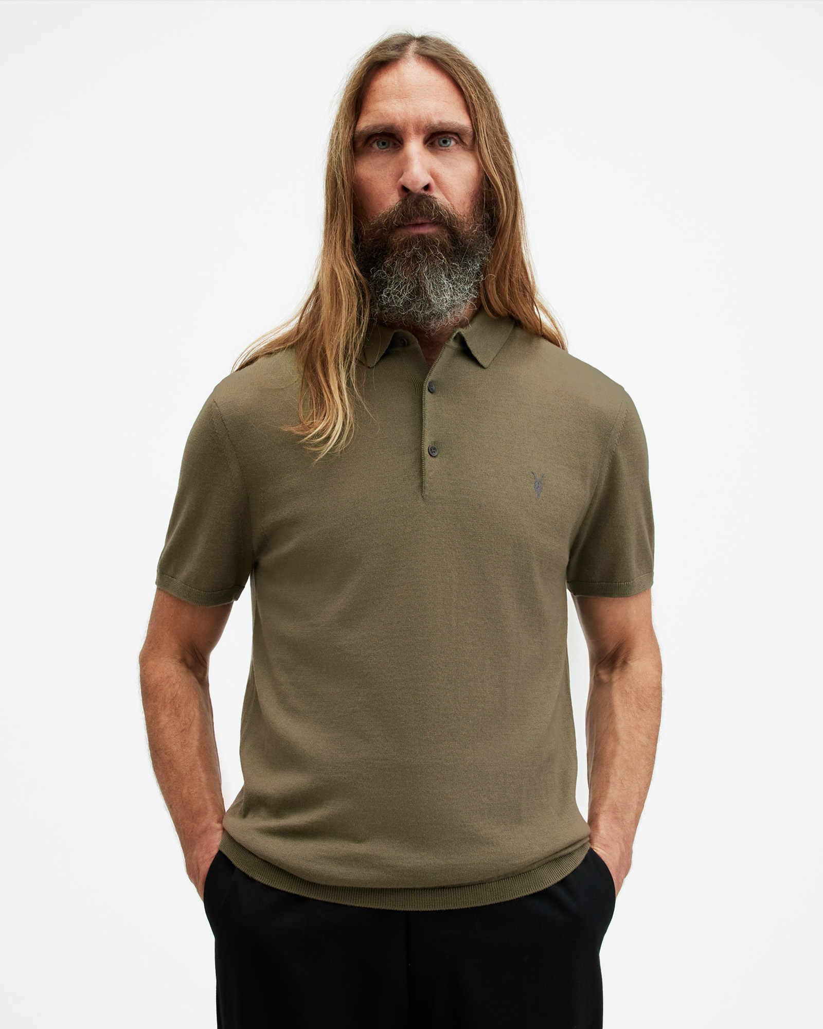 AllSaints Mode Merino Short Sleeve Polo Shirt,, AVO GREEN