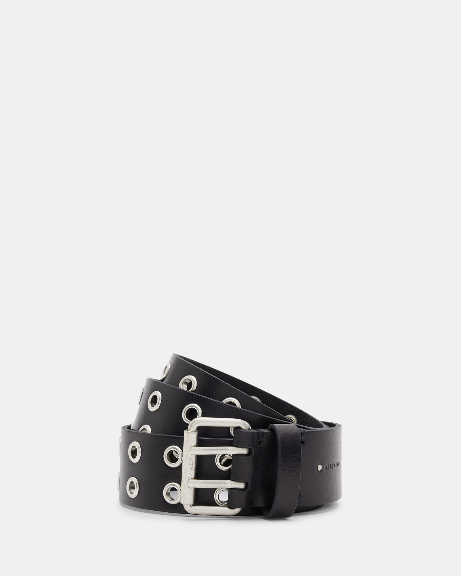 AllSaints Ivanna Metal Tip Leather Eyelet Belt,, BLACK/ANTQ NICKEL, Size: