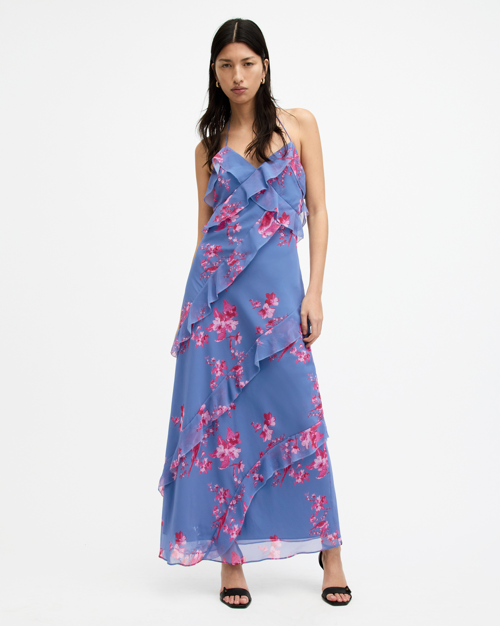 AllSaints Marina Iona Floral Print Slim Fit Dress,, Neon Pink