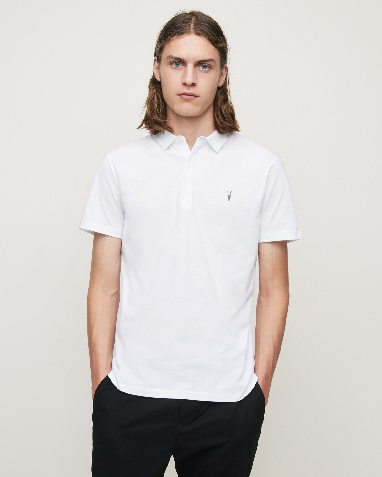 AllSaints Men's Cotton Regular Fit Brace Short Sleeve Polo Shirt, White, Size: XS
