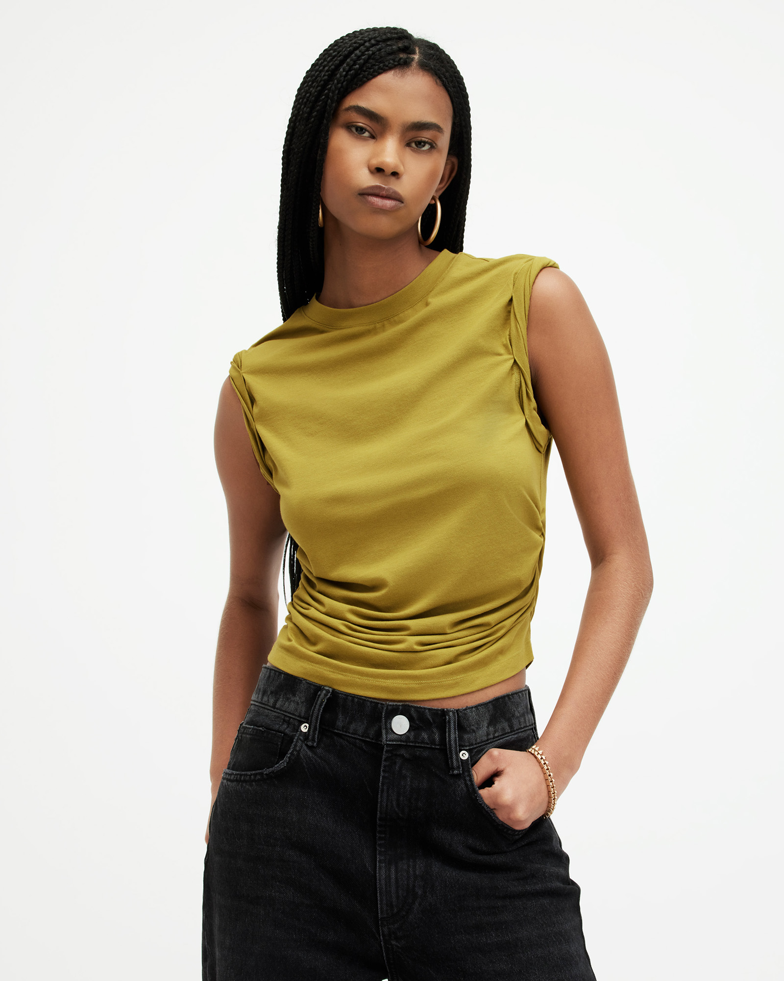 AllSaints West Rolled Sleeve Slim Fit Tank Top,, GOLDEN PALM GREEN