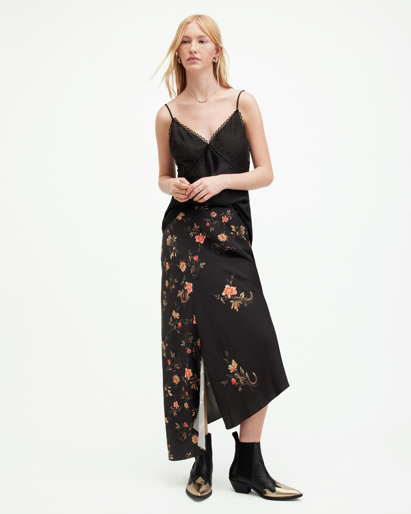 AllSaints Luisa Tanana Floral Print Midi Skirt,, Black