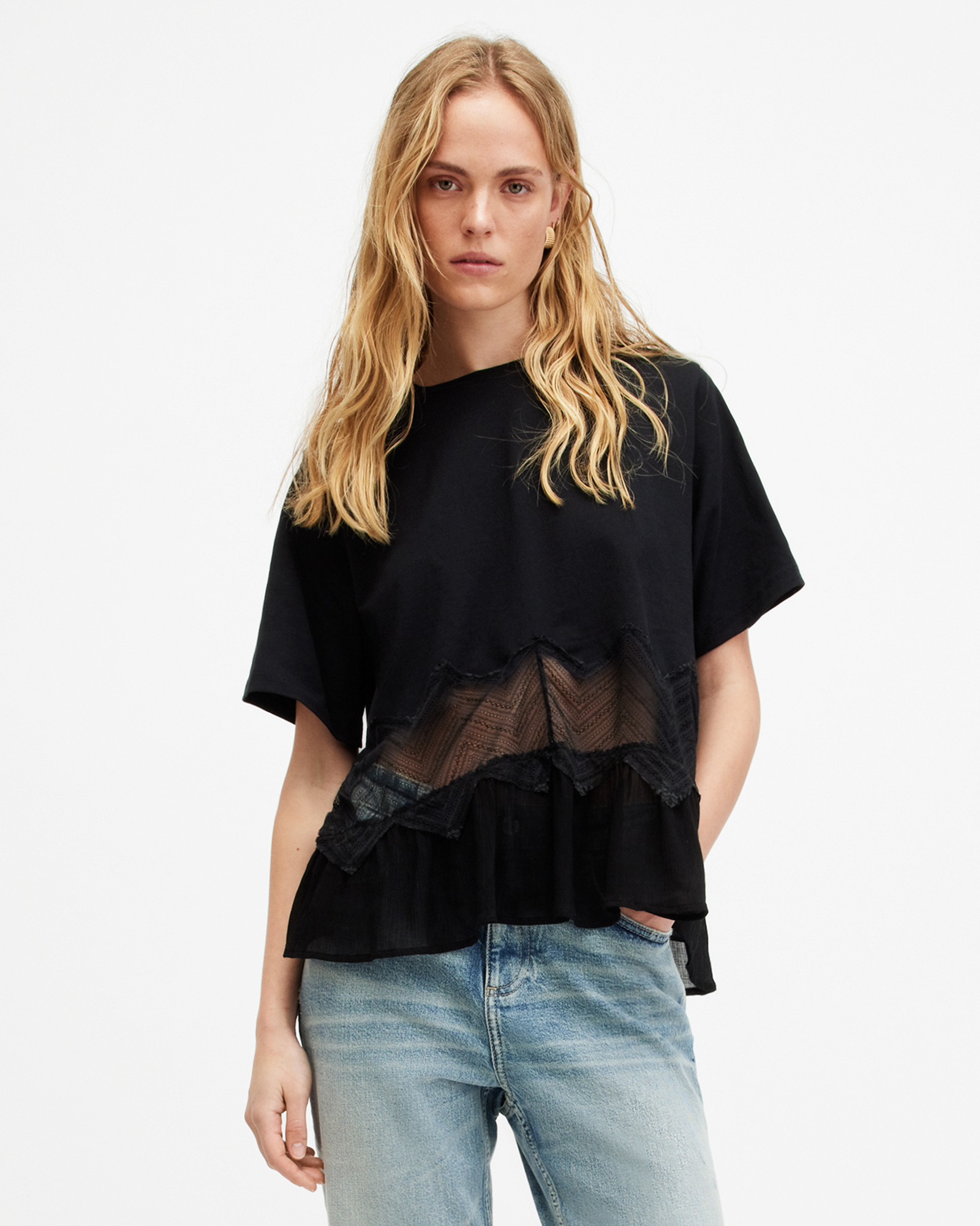AllSaints Gracie Lace Panelled Oversized T-Shirt,, Black