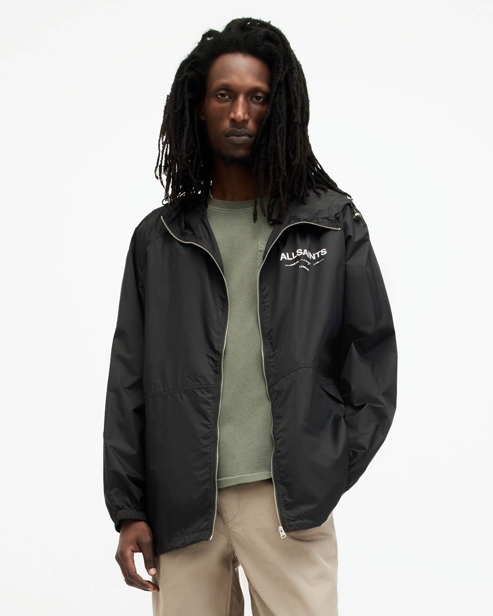 AllSaints Underground Logo Oversized Hood Jacket,, Black