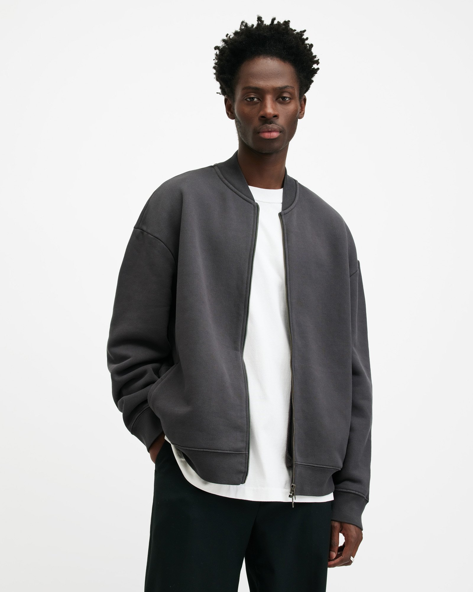 AllSaints Rocco Cropped Relaxed Fit Bomber Jacket