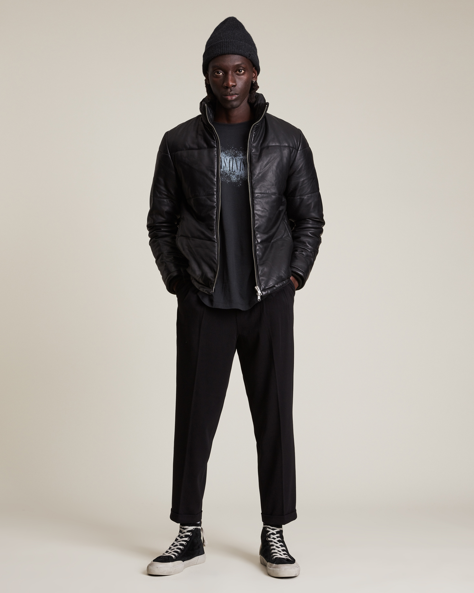Coronet Leather Puffer Jacket Black | ALLSAINTS