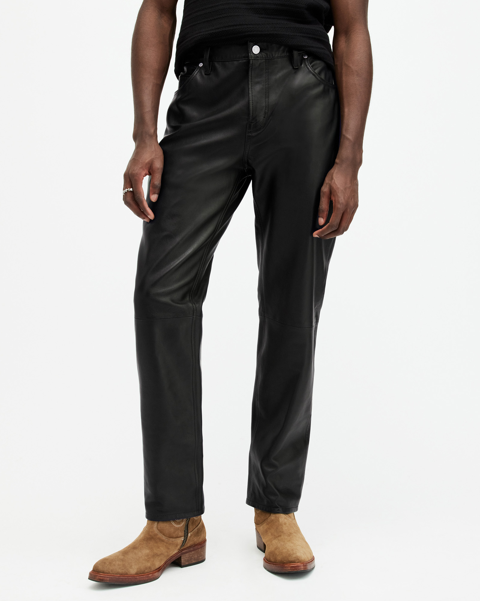 AllSaints Lynch Straight Fit Leather Trousers,, Black
