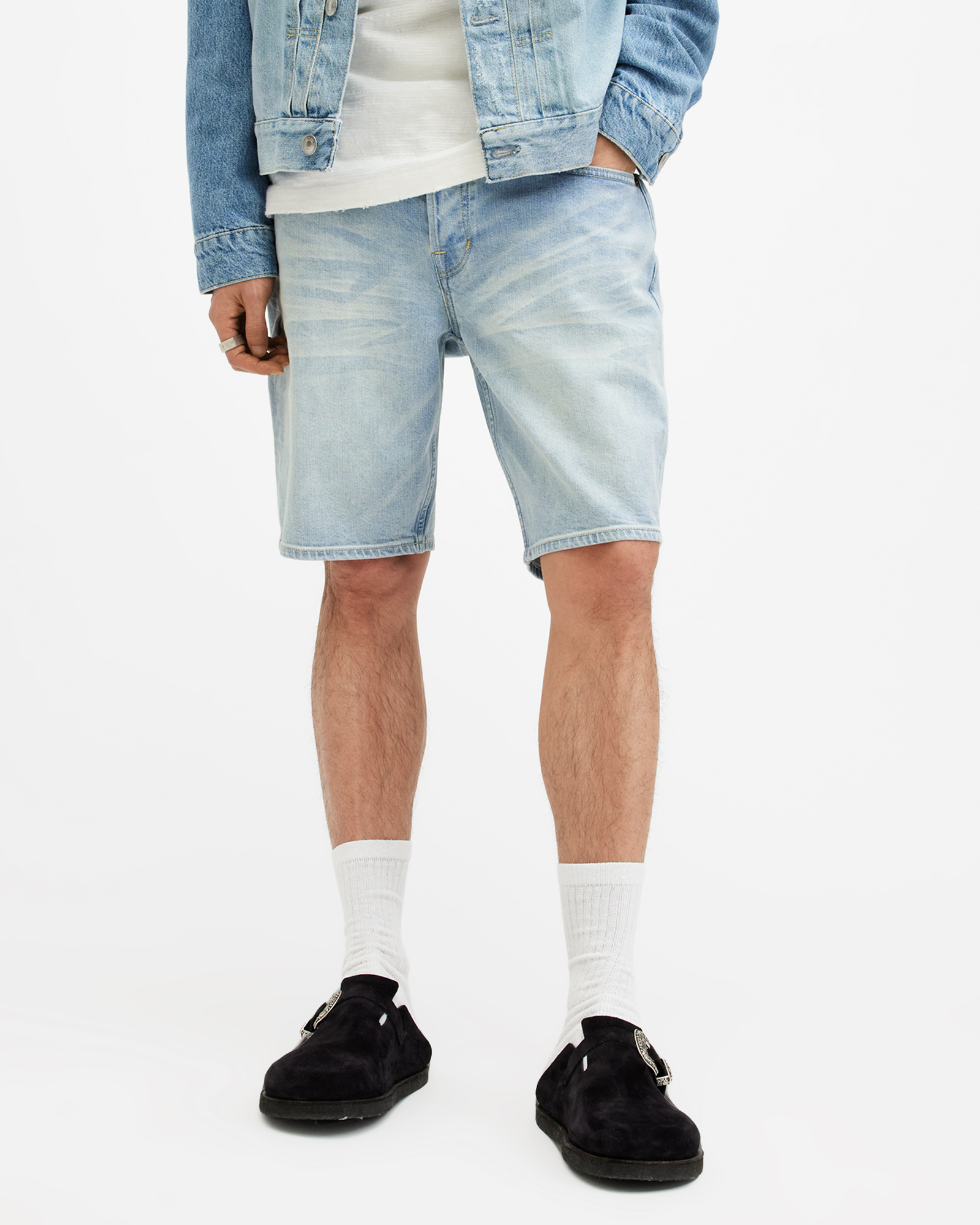 AllSaints Switch Skinny Fit Denim Shorts,, LIGHT INDIGO BLUE, Size: