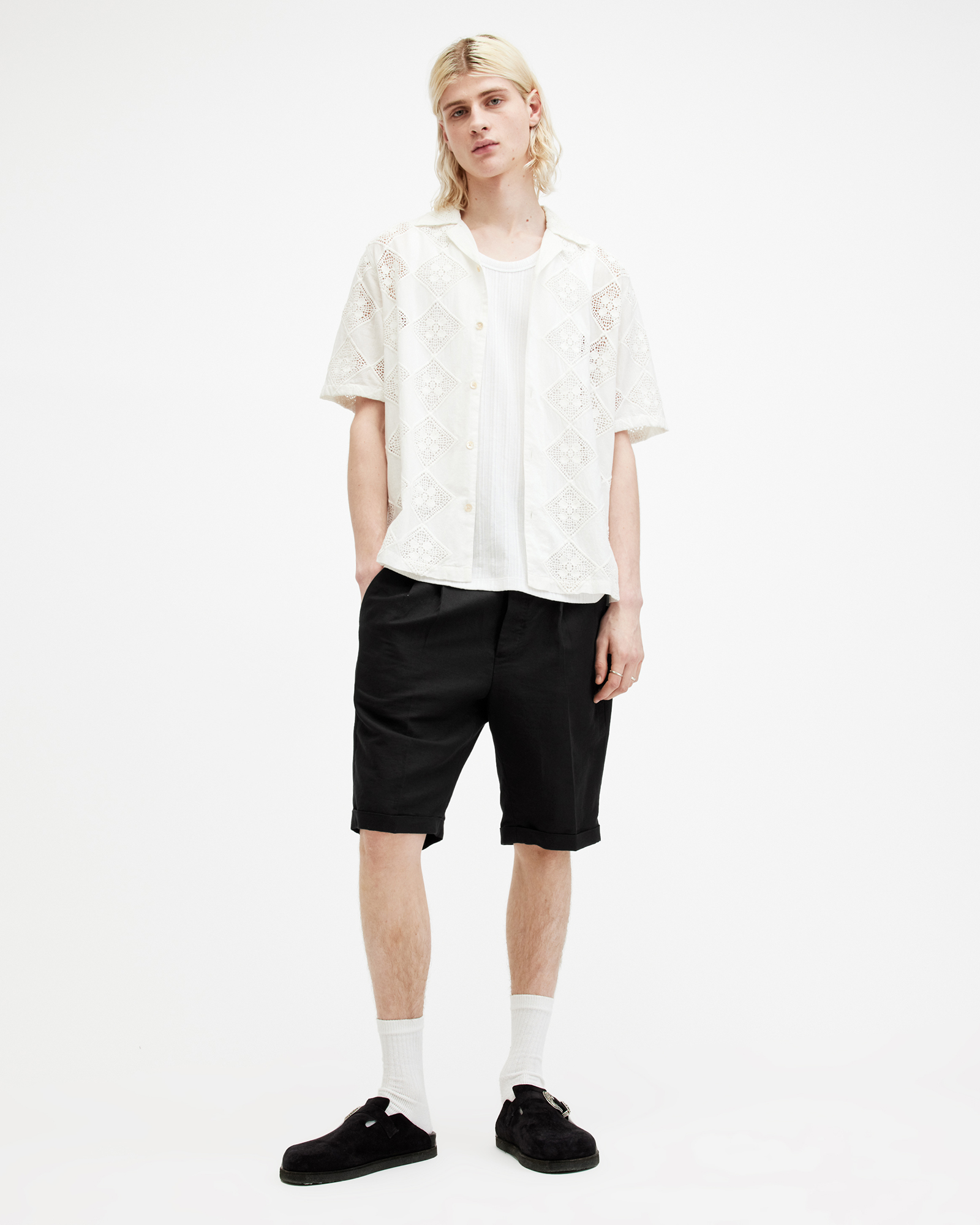 AllSaints Ora Tallis Linen Blend Slim Fit Shorts,, Faded Black, Size: