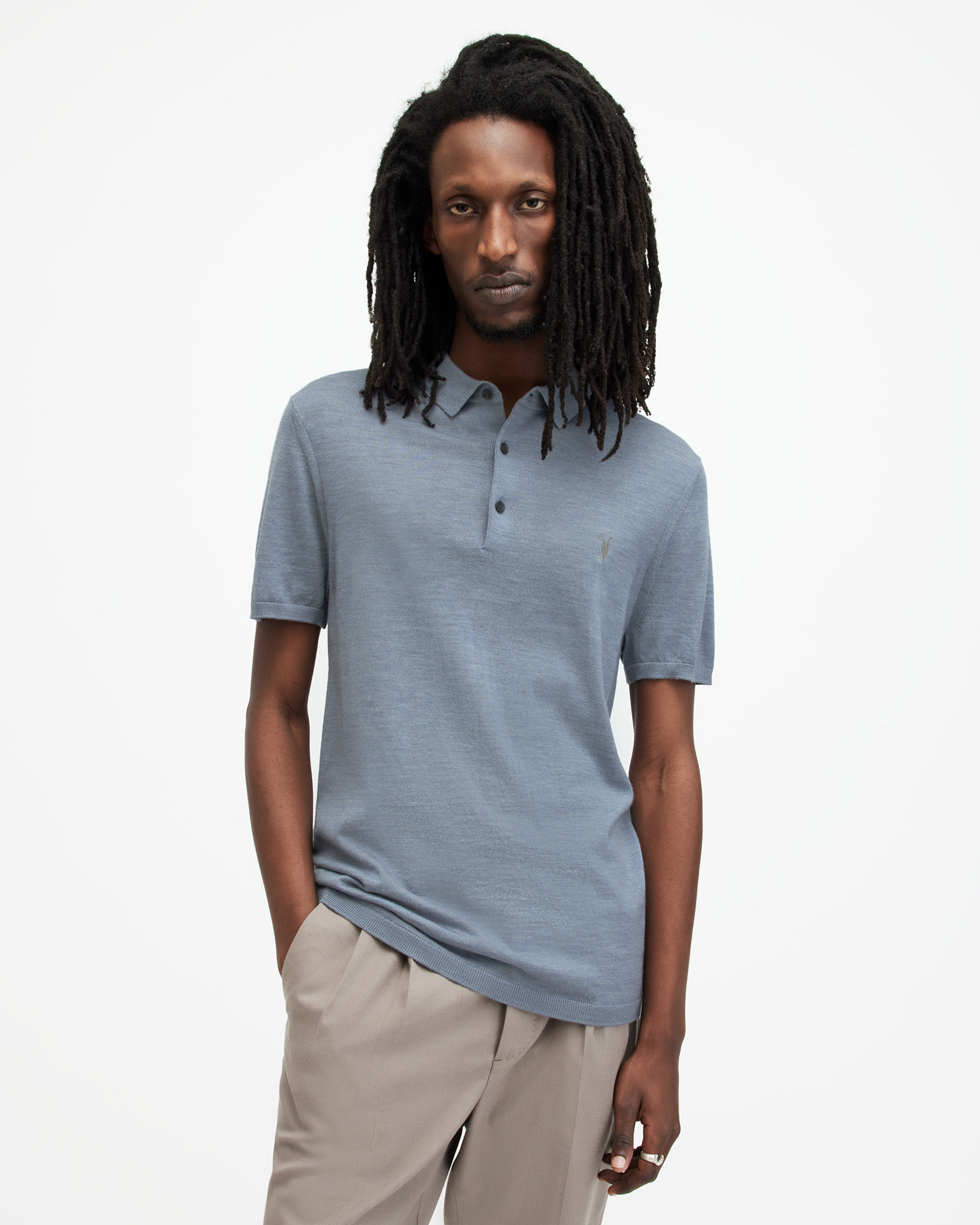 AllSaints Mode Merino Short Sleeve Polo Shirt,, Dusty Blue
