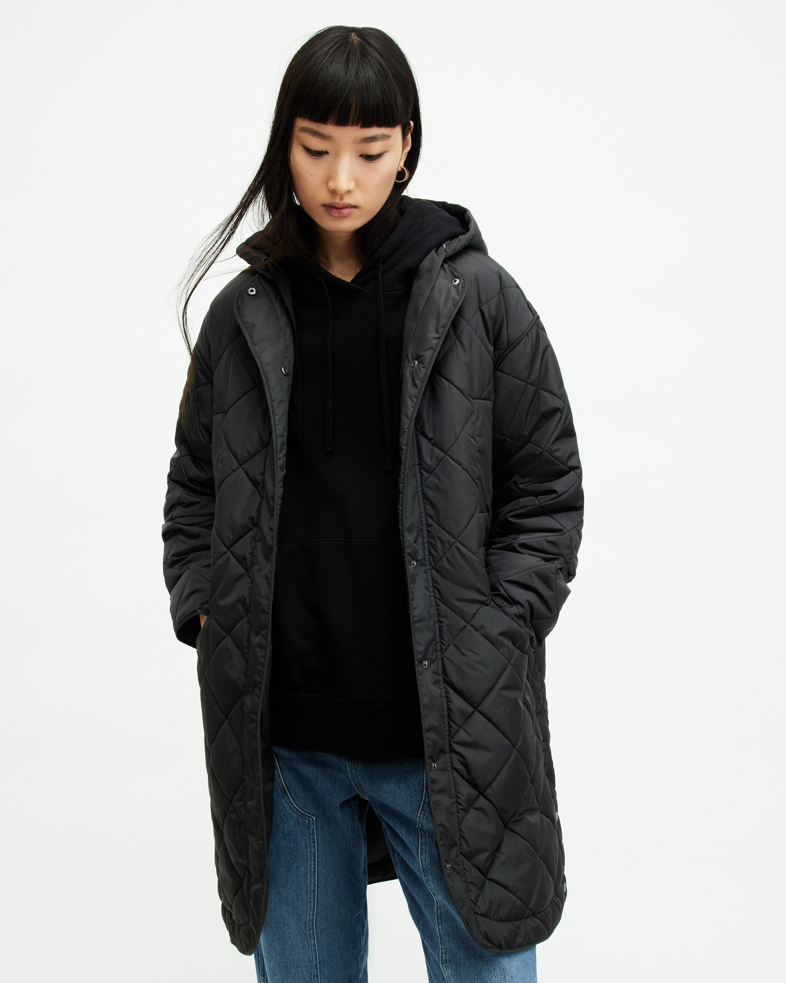 AllSaints Rina Quilted Relaxed Fit Liner Coat,, Black