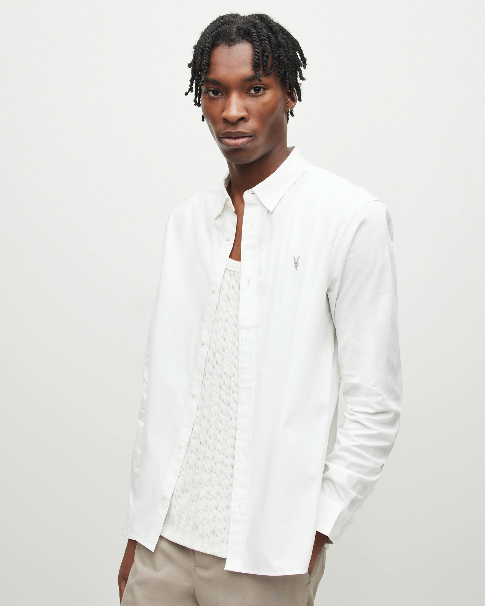 AllSaints Men's Cotton Slim Fit Hawthorne Stretch Shirt, White, Size: M