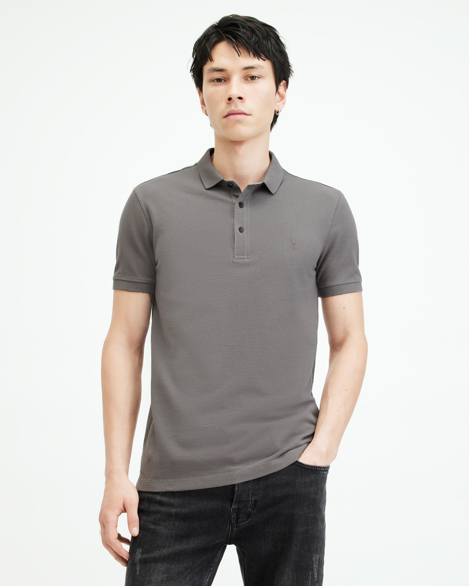 AllSaints Men's Slim Fit Reform Short Sleeve Polo Shirt, White, Size: S