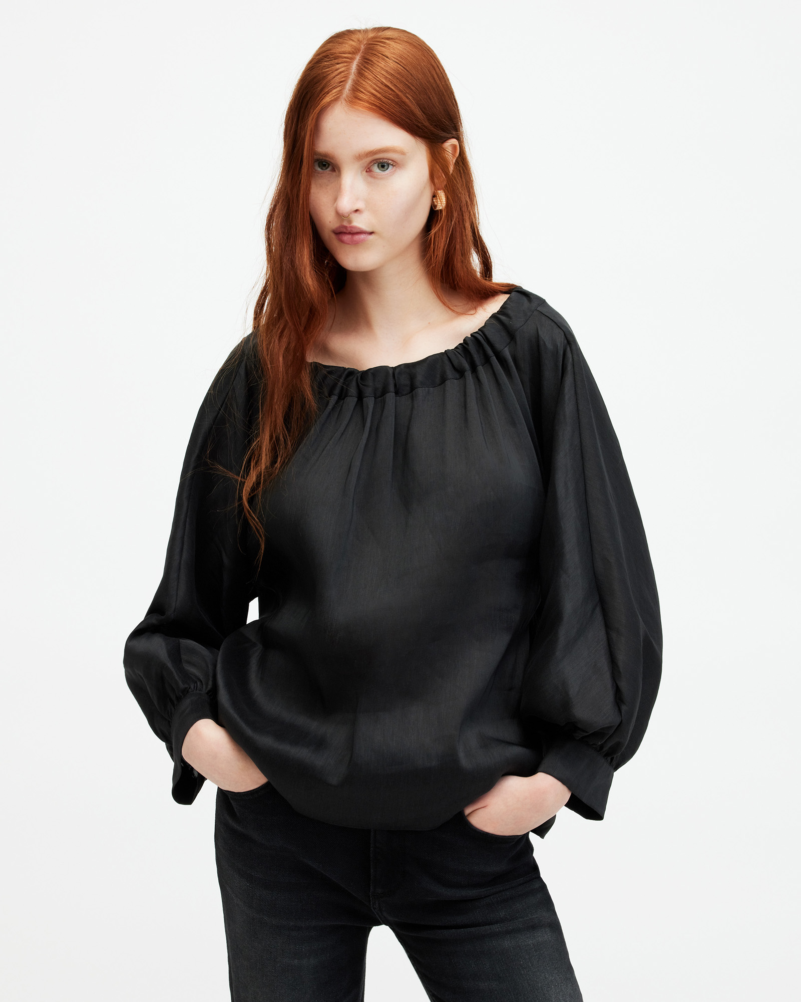 Shop Allsaints Ellie Linen Silk Blend Top In Black
