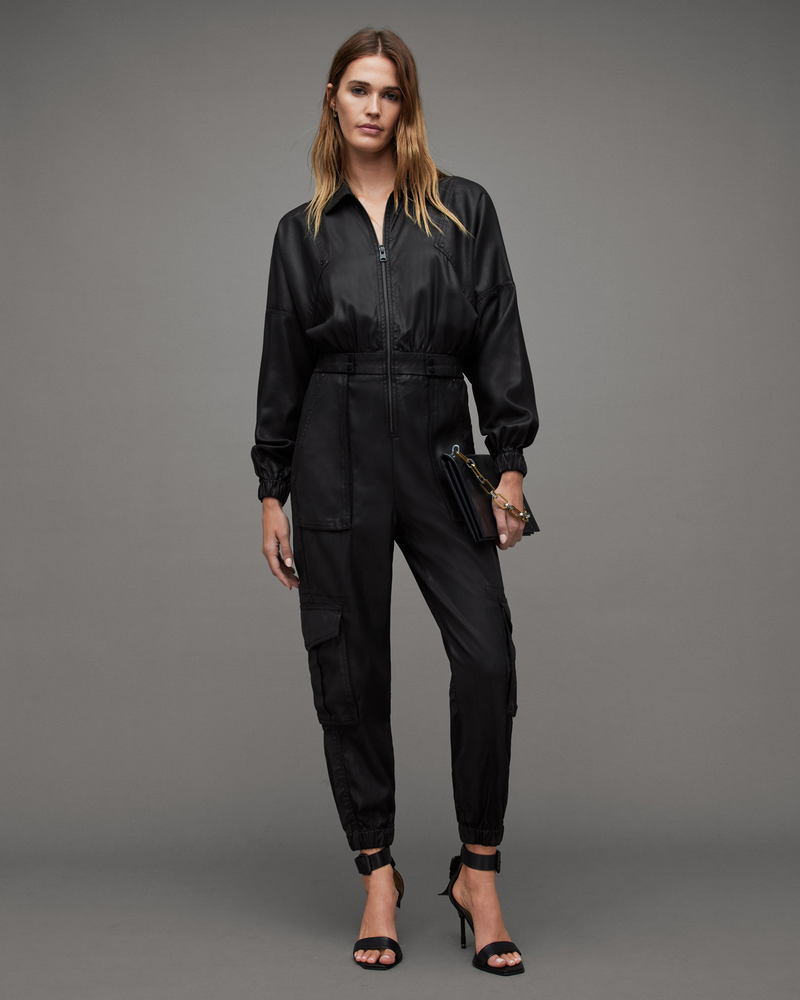 AllSaints Frieda Relaxed Fit Coated Jumpsuit,, Black