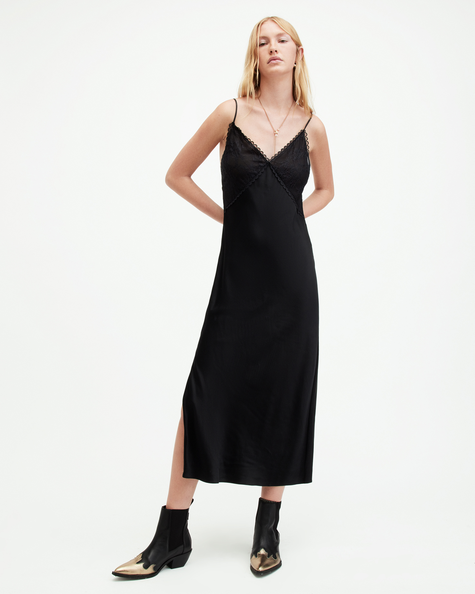 AllSaints Immy Lace Trim V-Neck Midi Slip Dress