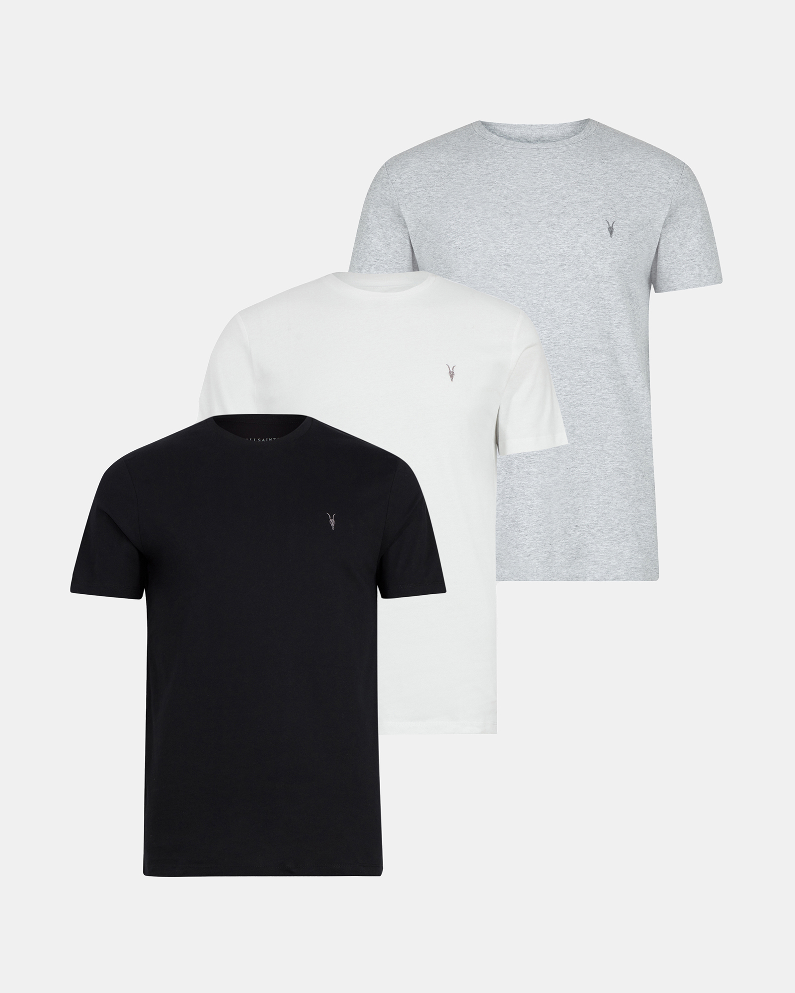 AllSaints Size: L Men's Slim Fit Pack of 3 Short Sleeve Tonic Crew T-Shirts, White, Black and Grey