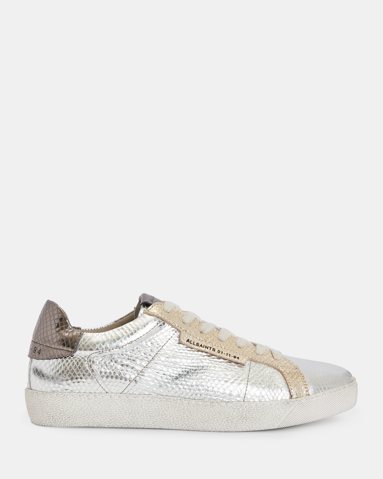 AllSaints Sheer Leather Low Top Trainers,, Silver/Gold