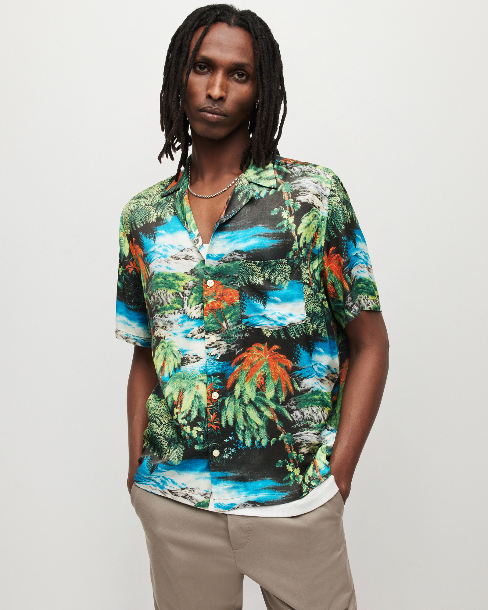 AllSaints Bois Tropical Print Short Sleeve Shirt